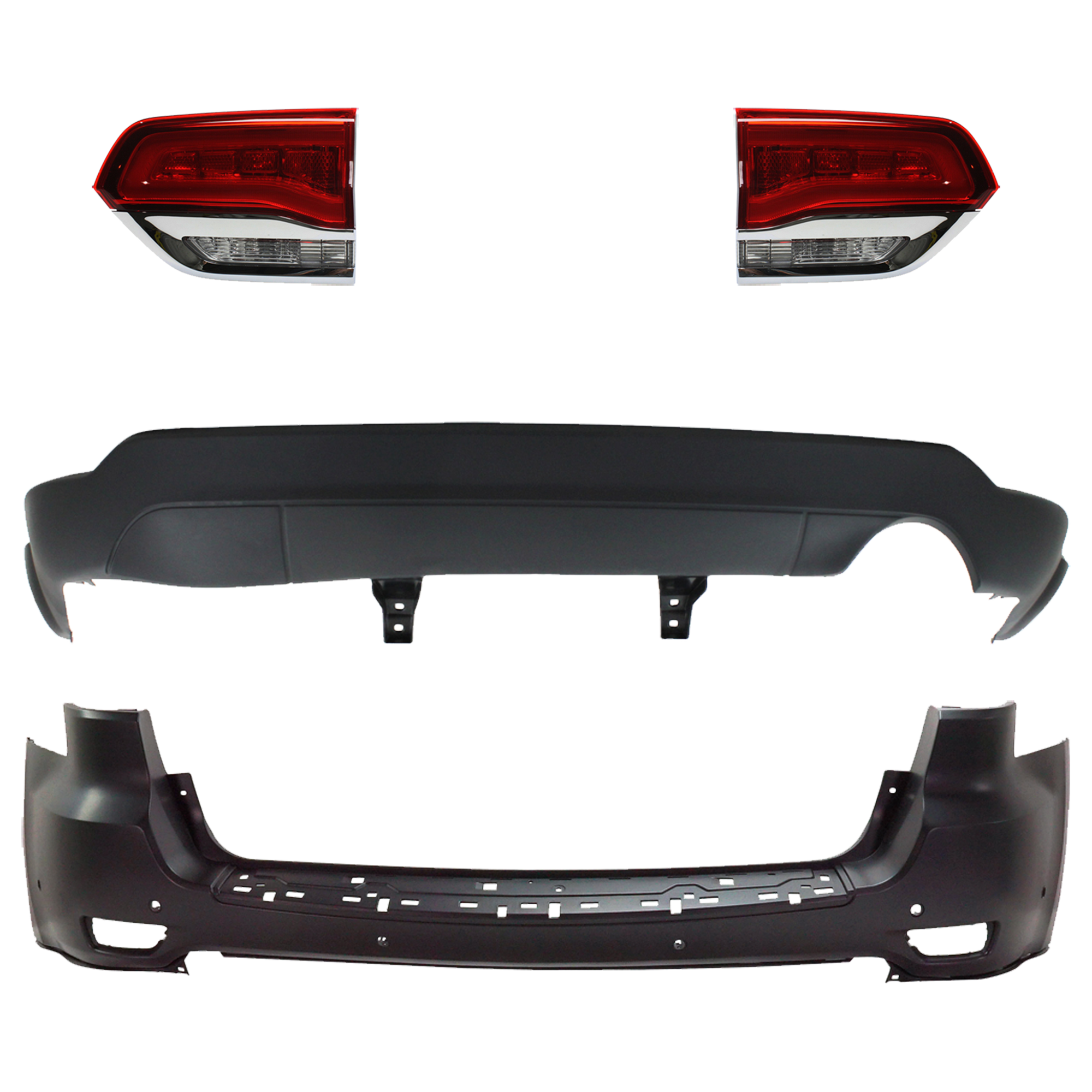 AM GRAND CHEROKEE 14-21 GRAND CHEROKEE WK 22-22 TAIL LAMP RH AND LH Inner Assembly Halogen 4 pc Kit with Bumper Cover SKU KIT 092923-21 Partslink CH2802105 CH2803105 CH1195101 CH1114107 OEM 68110046AH 68110047AH 68111467
