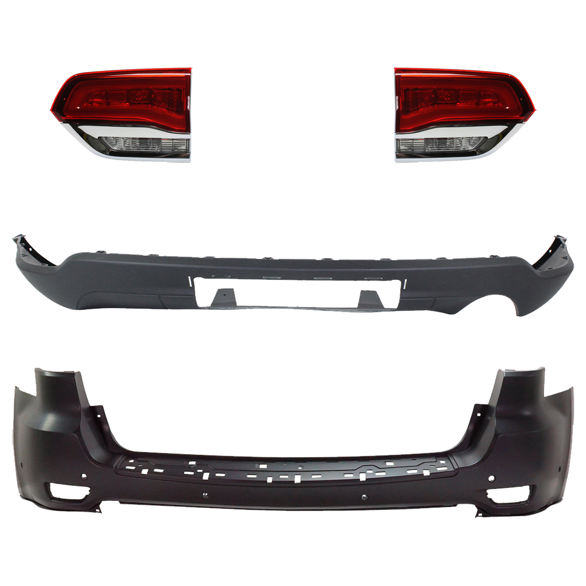 AM GRAND CHEROKEE 14-21 GRAND CHEROKEE WK 22-22 TAIL LAMP RH AND LH Inner Assembly Halogen 4 pc Kit with Bumper Cover SKU KIT 092923-22 Partslink CH2802105 CH2803105 CH1195102 CH1114107 OEM 68110046AH 68110047AH 68111468