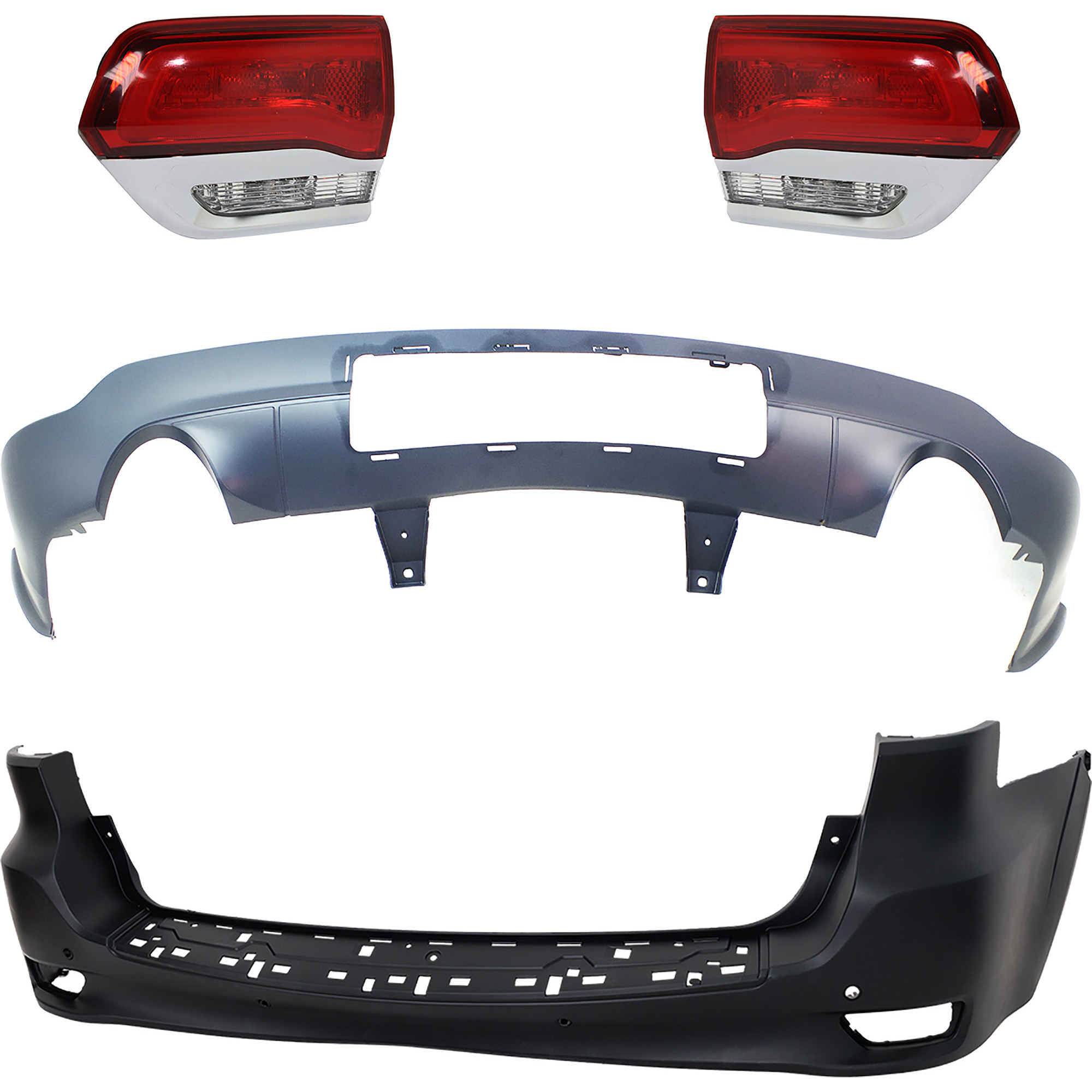 AM GRAND CHEROKEE 14-21 GRAND CHEROKEE WK 22-22 REAR BUMPER COVER Upper and Lower Primed 4 pc kit with Tail Light SKU KIT 092923-23 Partslink CH1100998 CH1115108 CH2802105 CH2803105 OEM 1VQ68TZZAB 68214648AC 68110047