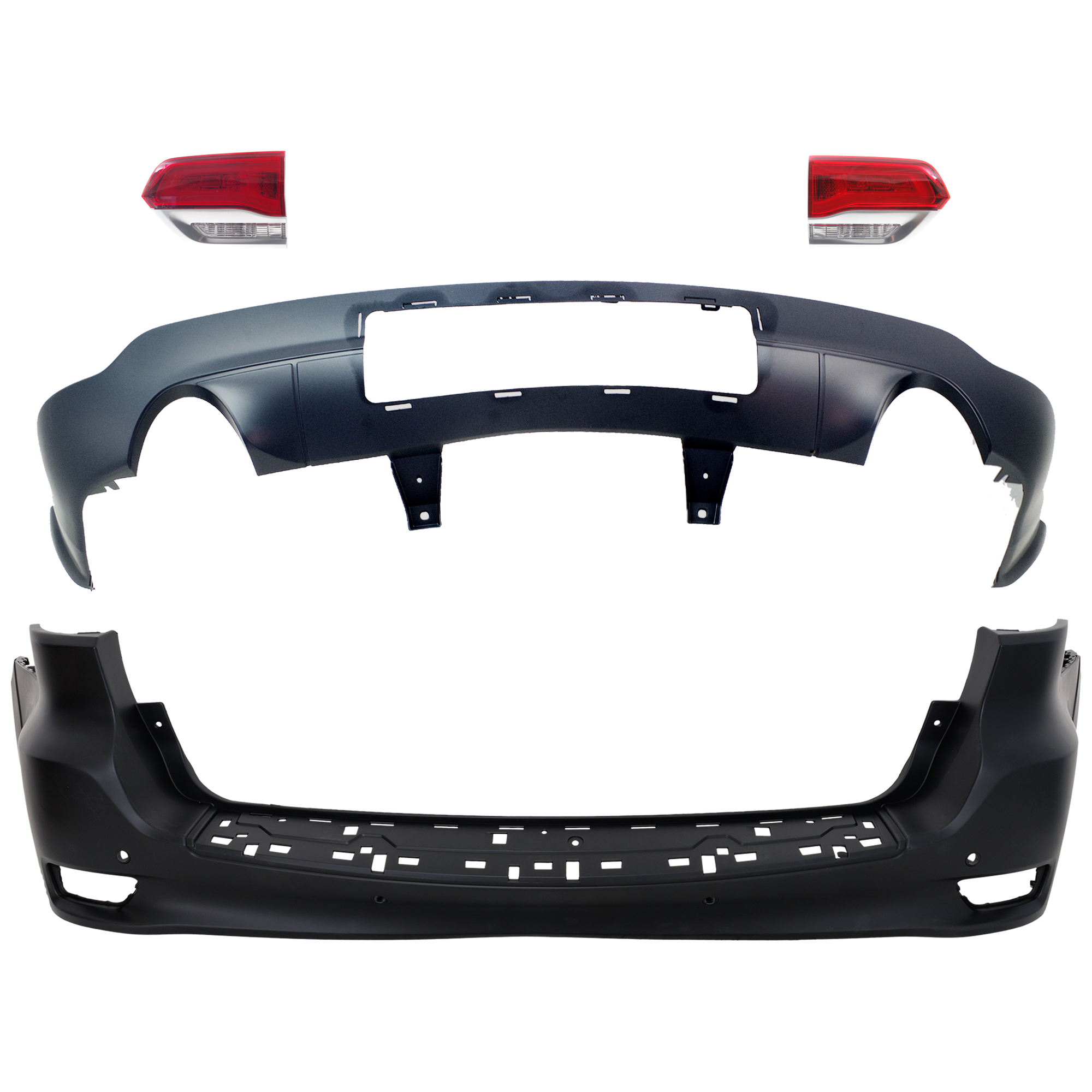 AM GRAND CHEROKEE 14-21 GRAND CHEROKEE WK 22-22 REAR BUMPER COVER Upper and Lower Primed 4 pc kit with Tail Light SKU KIT 092923-73 Partslink CH1100998 CH1115108 CH2802112 CH2803112 OEM 1VQ68TZZAB 68214648AC 68236137