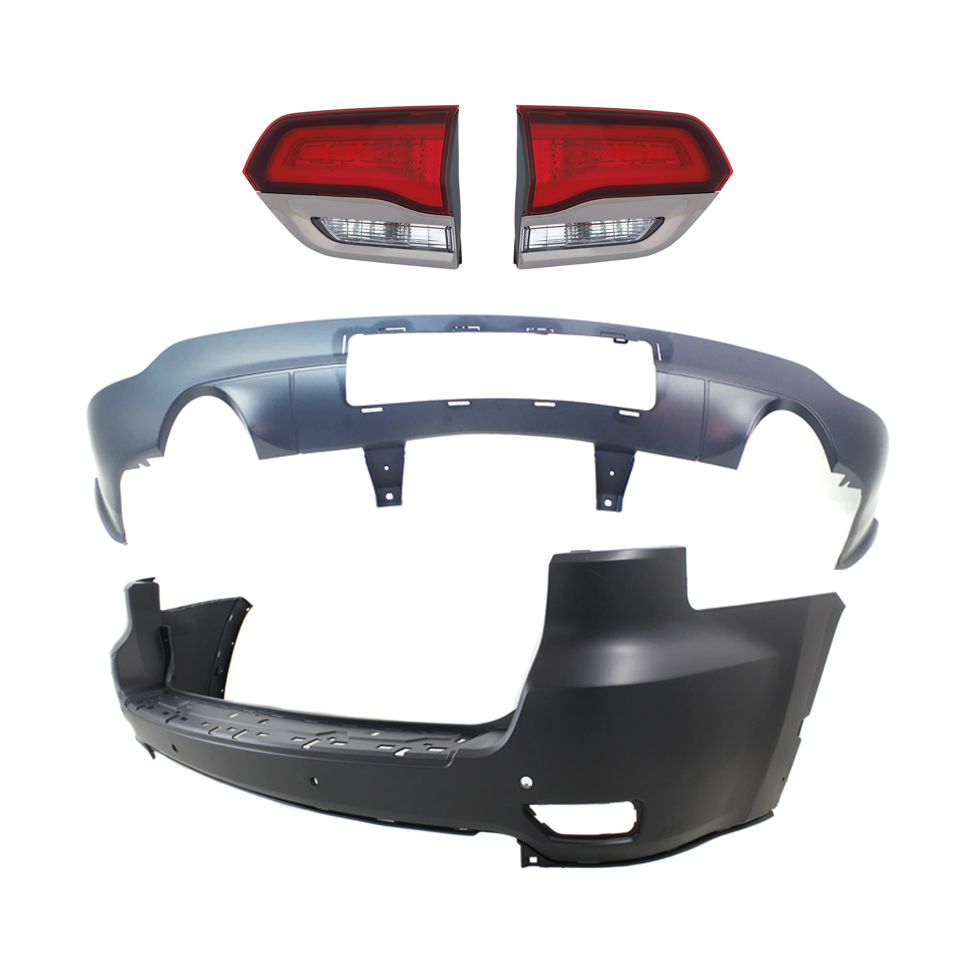 AM GRAND CHEROKEE 14-15 REAR BUMPER COVER Upper and Lower Primed 4 pc kit w Tail Light SKU KIT 092923-76 Partslink CH1100985 CH1115108 CH2802114 CH2803114 OEM 1VQ68TZZAB 68214368AC 68289999