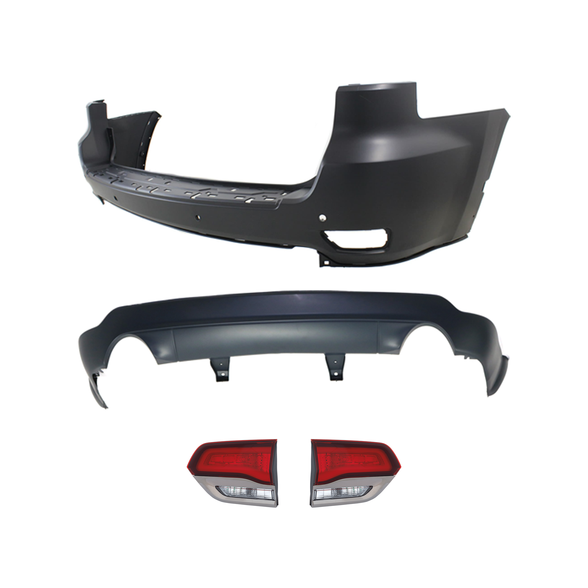 AM GRAND CHEROKEE 14-15 REAR BUMPER COVER Upper and Lower Primed 4 pc kit w Tail Light SKU KIT 092923-77 Partslink CH1100985 CH1115109 CH2802114 CH2803114 OEM 1VQ67TZZAA 68214368AC 68289999