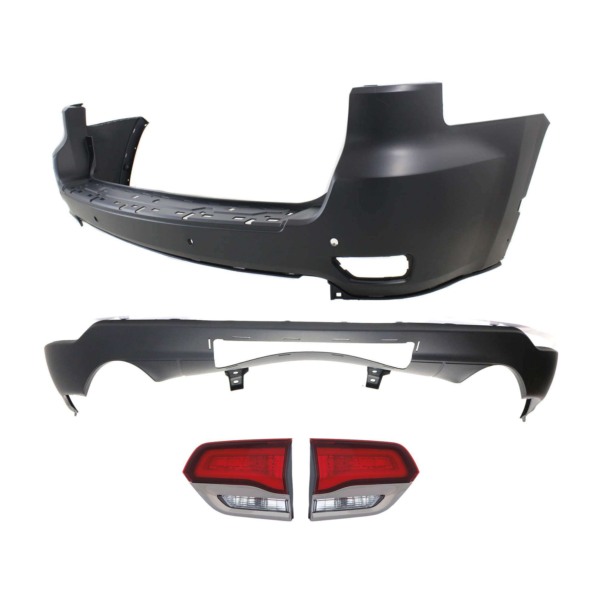 AM GRAND CHEROKEE 14-15 REAR BUMPER COVER Upper and Lower Upper Primed Lower Textured 4 pc kit w Tail Light SKU KIT 092923-78 Partslink CH1100985 CH1195104 CH2802114 CH2803114 OEM 68111470AB 68214368AC 68289999