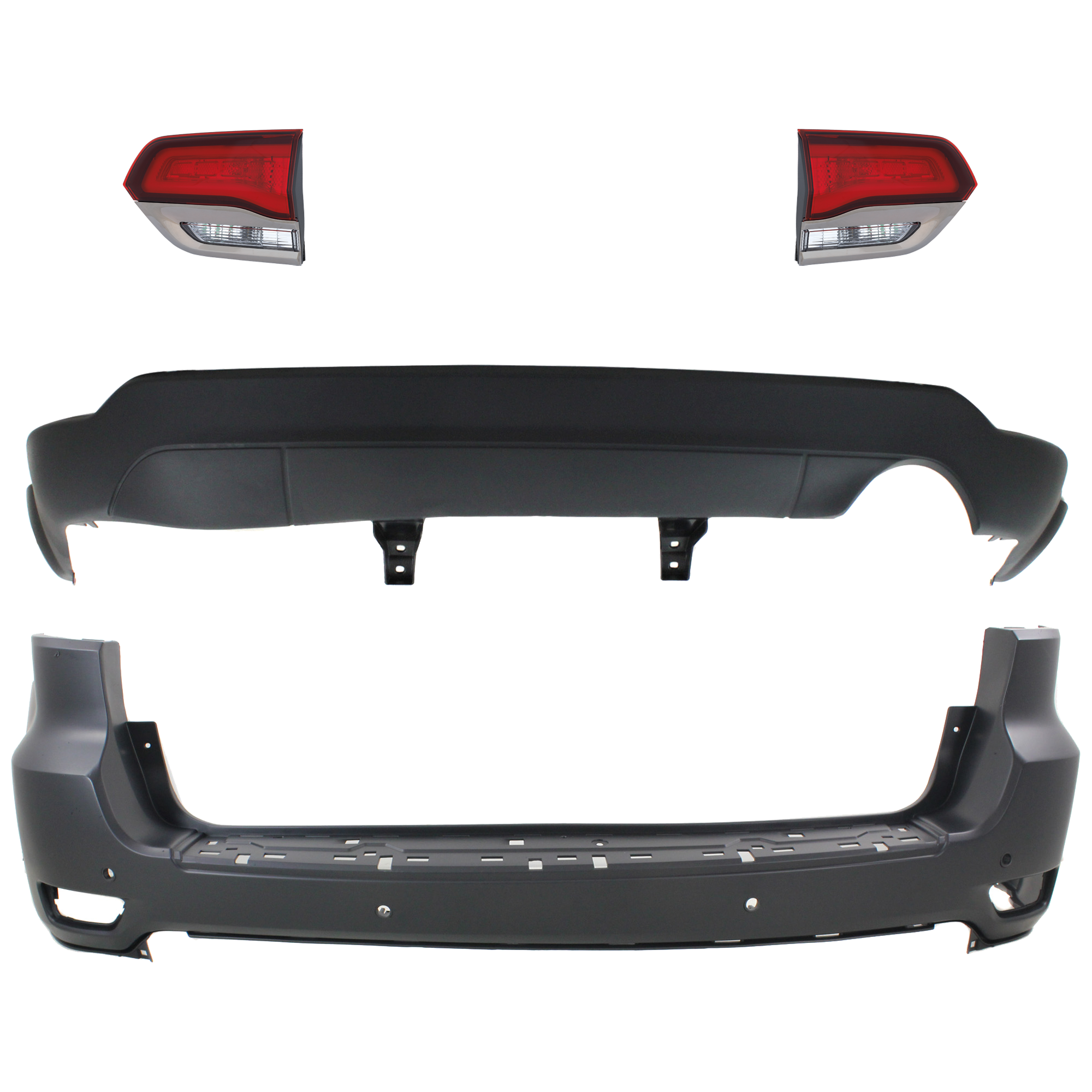 AM GRAND CHEROKEE 14-15 REAR BUMPER COVER Upper and Lower Upper Primed Lower Textured 4 pc kit w Tail Light SKU KIT 092923-79 Partslink CH1100985 CH1195101 CH2802114 CH2803114 OEM 68111467AA 68214368AC 68289999