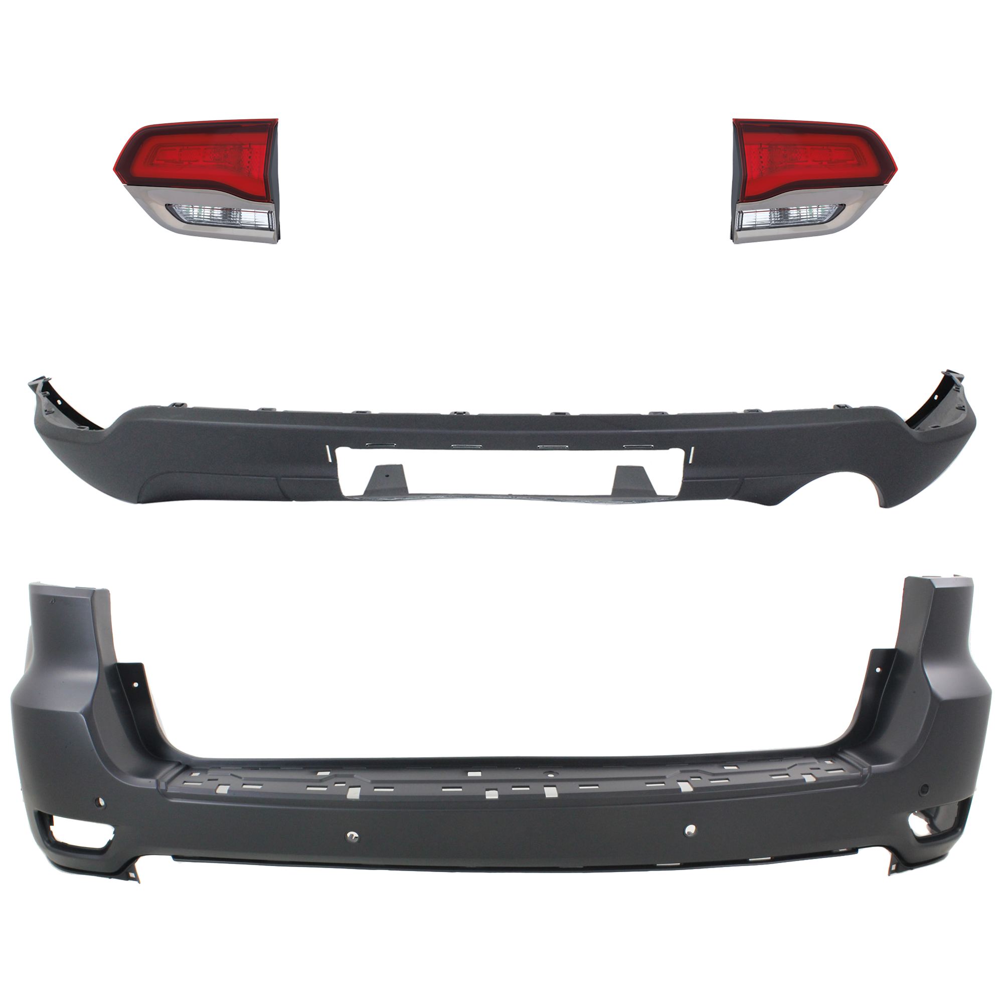AM GRAND CHEROKEE 14-15 REAR BUMPER COVER Upper and Lower Upper Primed Lower Textured 4 pc kit w Tail Light SKU KIT 092923-80 Partslink CH1100985 CH1195102 CH2802114 CH2803114 OEM 68111468AB 68111468AA 68214368