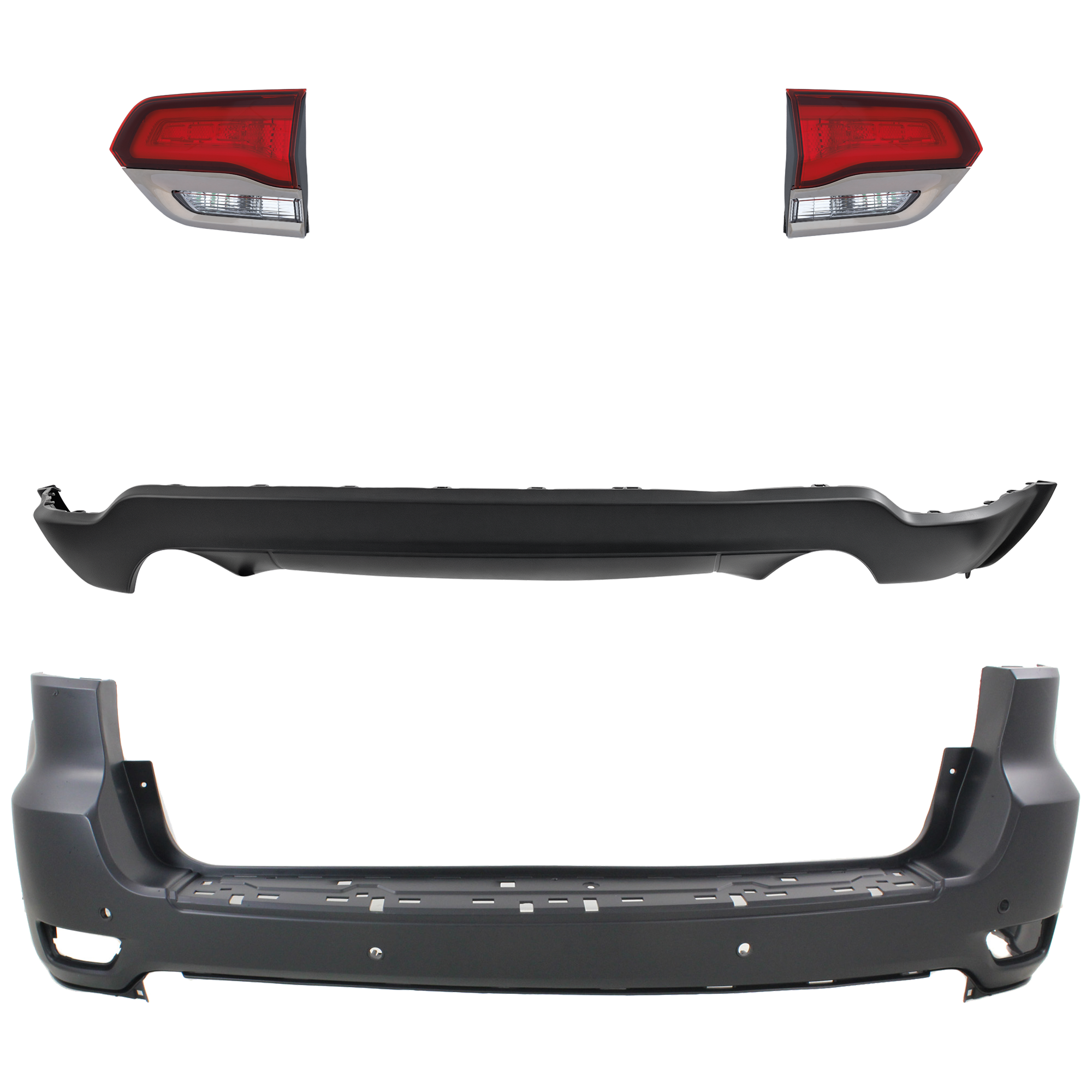 AM GRAND CHEROKEE 14-15 REAR BUMPER COVER Upper and Lower Upper Primed Lower Textured 4 pc kit w Tail Light SKU KIT 092923-81 Partslink CH1100985 CH1195103 CH2802114 CH2803114 OEM 68111469AA 68214368AC 68289999