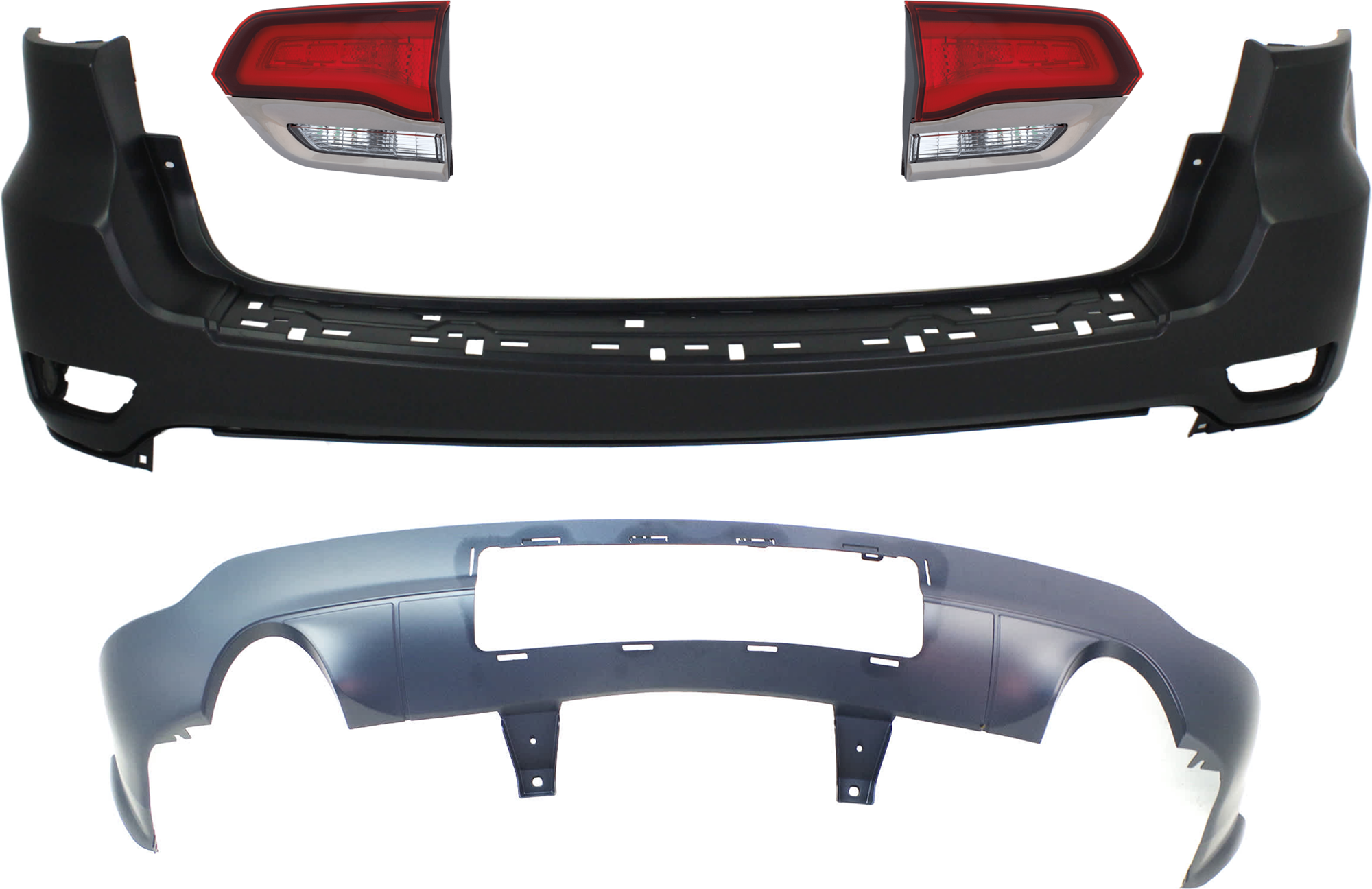 AM GRAND CHEROKEE 14-21 GRAND CHEROKEE WK 22-22 REAR BUMPER COVER Upper and Lower Primed 4 pc kit w Tail Light SKU KIT 092923-82 Partslink CH1100952 CH1115108 CH2802114 CH2803114 OEM 1VQ65TZZAA 1VQ68TZZAB 68289999