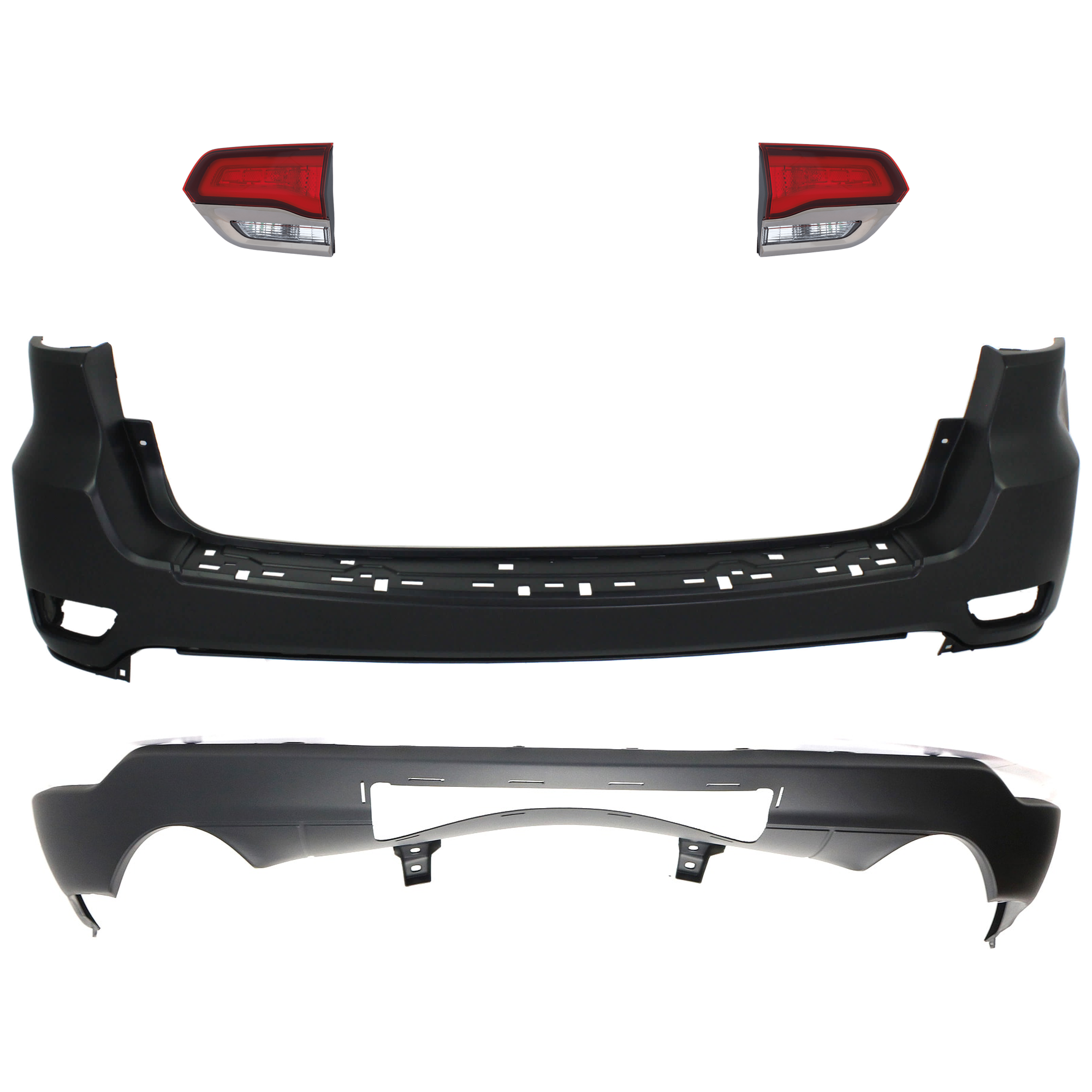 AM GRAND CHEROKEE 14-21 GRAND CHEROKEE WK 22-22 REAR BUMPER COVER Upper and Lower Upper Primed Lower Textured 4 pc kit w Tail Light SKU KIT 092923-83 Partslink CH1100952 CH1195104 CH2802114 CH2803114 OEM 1VQ65TZZAA 68111470AB 68289999