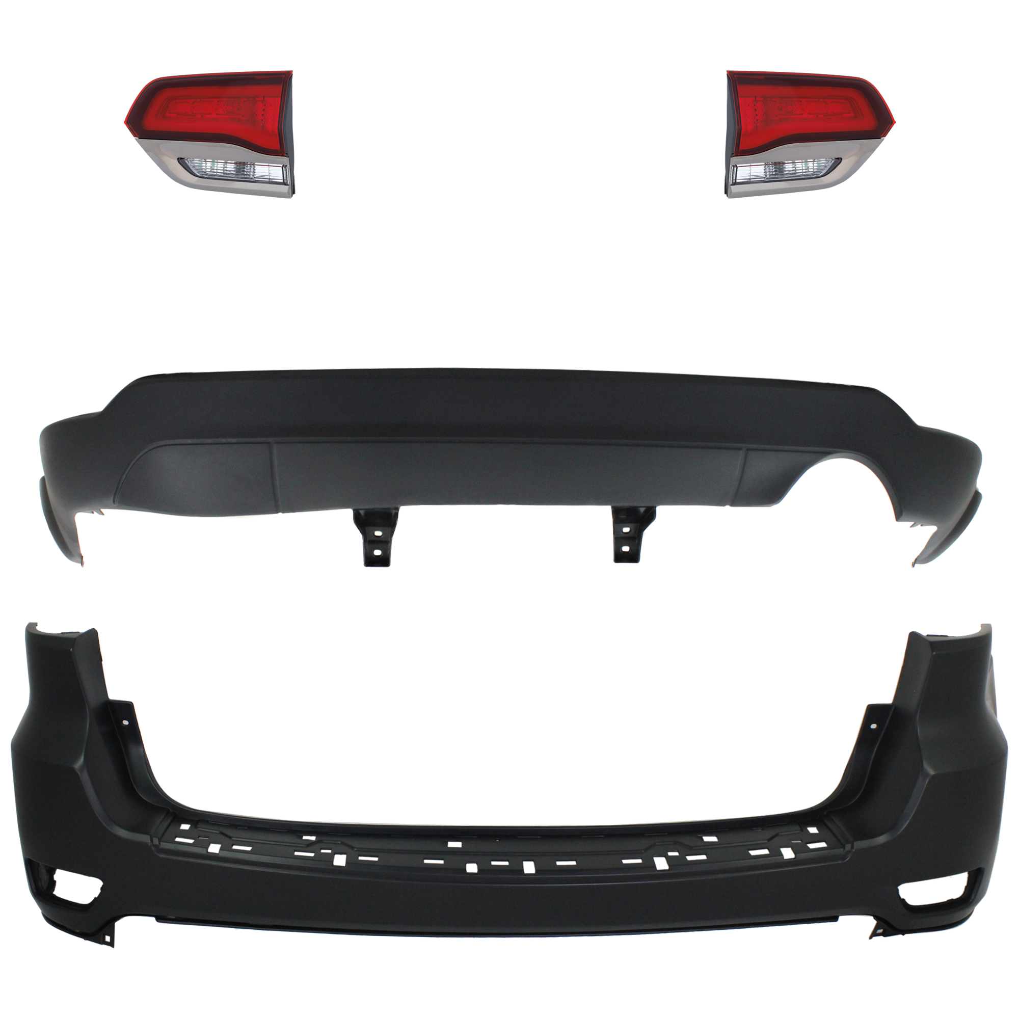 AM GRAND CHEROKEE 14-21 GRAND CHEROKEE WK 22-22 REAR BUMPER COVER Upper and Lower Upper Primed Lower Textured 4 pc kit w Tail Light SKU KIT 092923-84 Partslink CH1100952 CH1195101 CH2802114 CH2803114 OEM 1VQ65TZZAA 68111467AA 68289999