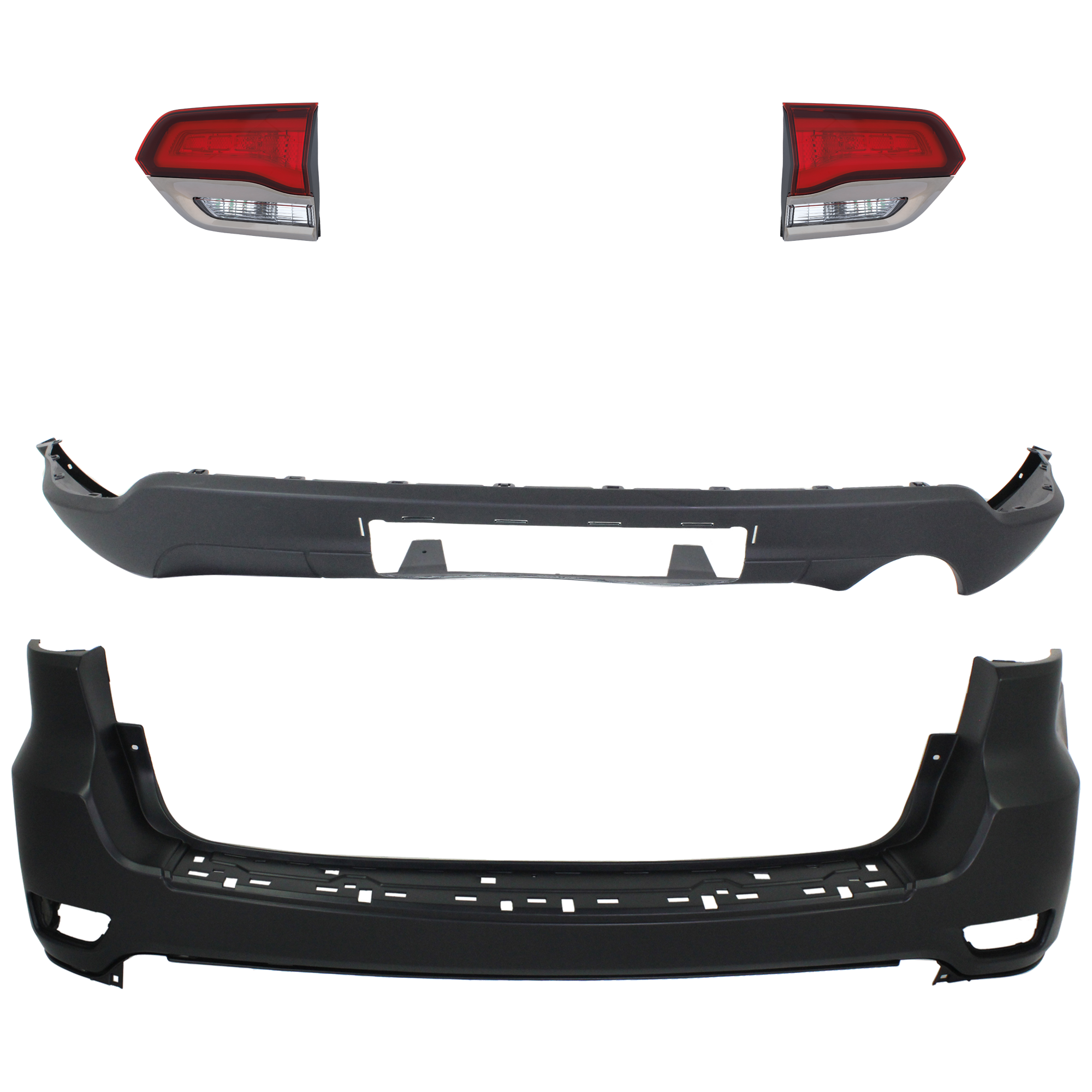 AM GRAND CHEROKEE 14-21 GRAND CHEROKEE WK 22-22 REAR BUMPER COVER Upper and Lower Upper Primed Lower Textured 4 pc kit w Tail Light SKU KIT 092923-85 Partslink CH1100952 CH1195102 CH2802114 CH2803114 OEM 1VQ65TZZAA 68111468AB 68111468