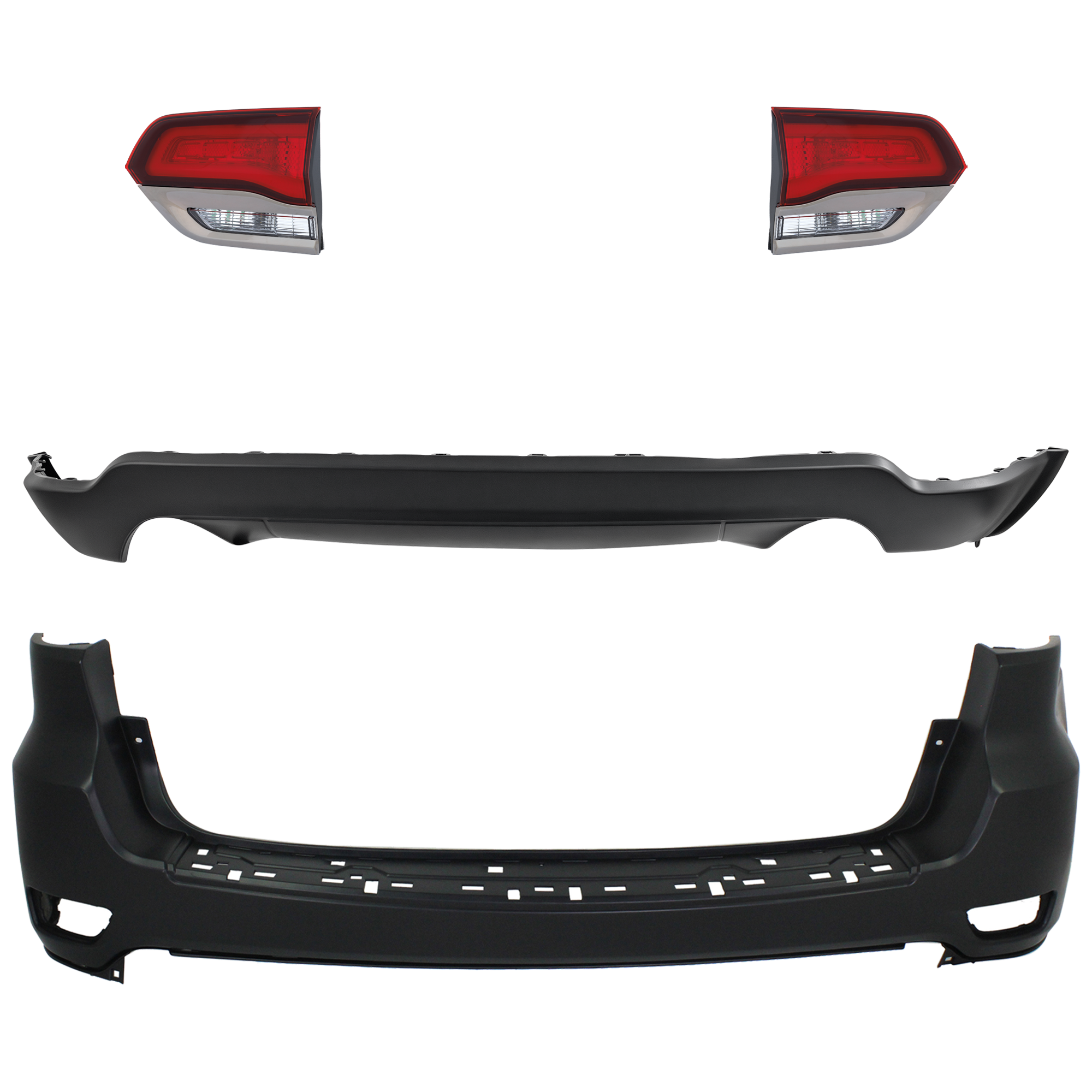 AM GRAND CHEROKEE 14-21 GRAND CHEROKEE WK 22-22 REAR BUMPER COVER Upper and Lower Upper Primed Lower Textured 4 pc kit w Tail Light SKU KIT 092923-86 Partslink CH1100952 CH1195103 CH2802114 CH2803114 OEM 1VQ65TZZAA 68111469AA 68289999