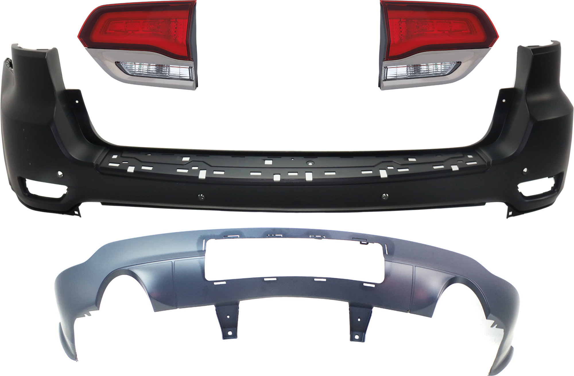 AM GRAND CHEROKEE 16-21 GRAND CHEROKEE WK 22-22 REAR BUMPER COVER Upper and Lower Primed 4 pc kit w Tail Light SKU KIT 092923-87 Partslink CH1100A26 CH1115108 CH2802114 CH2803114 OEM 1VQ68TZZAB 68310168AB 68289999