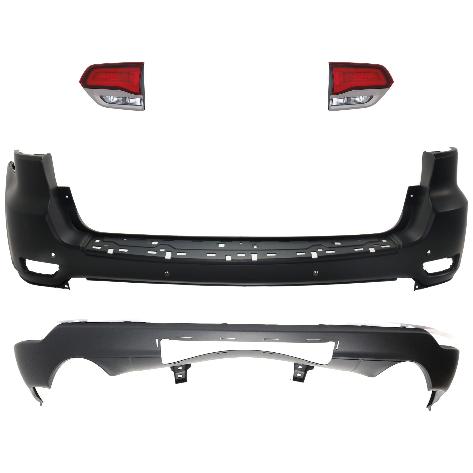 AM GRAND CHEROKEE 16-21 GRAND CHEROKEE WK 22-22 REAR BUMPER COVER Upper and Lower Upper Primed Lower Textured 4 pc kit w Tail Light SKU KIT 092923-88 Partslink CH1100A26 CH1195104 CH2802114 CH2803114 OEM 68111470AB 68310168AB 68289999