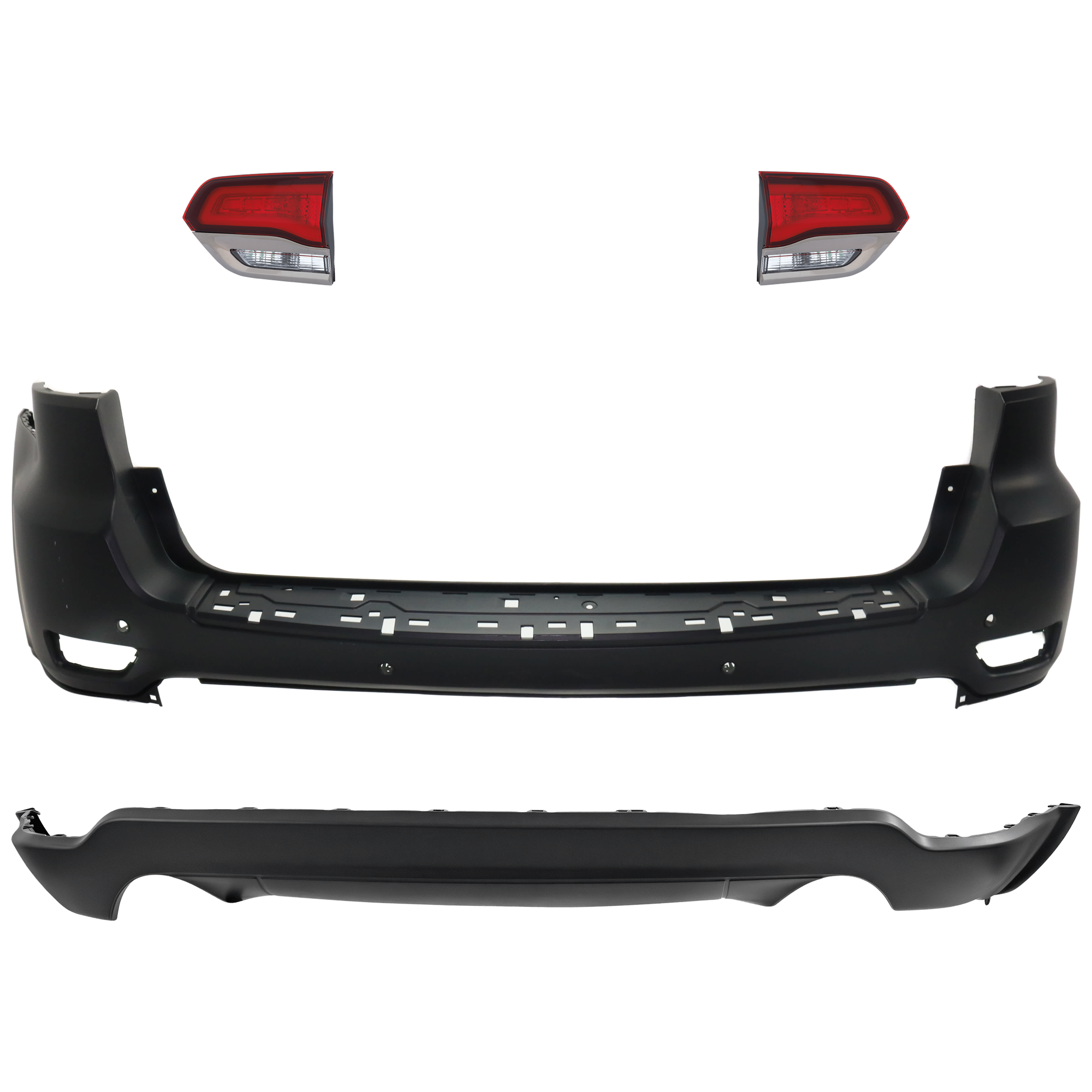 AM GRAND CHEROKEE 16-21 GRAND CHEROKEE WK 22-22 REAR BUMPER COVER Upper and Lower Upper Primed Lower Textured 4 pc kit w Tail Light SKU KIT 092923-89 Partslink CH1100A26 CH1195103 CH2802114 CH2803114 OEM 68111469AA 68310168AB 68289999