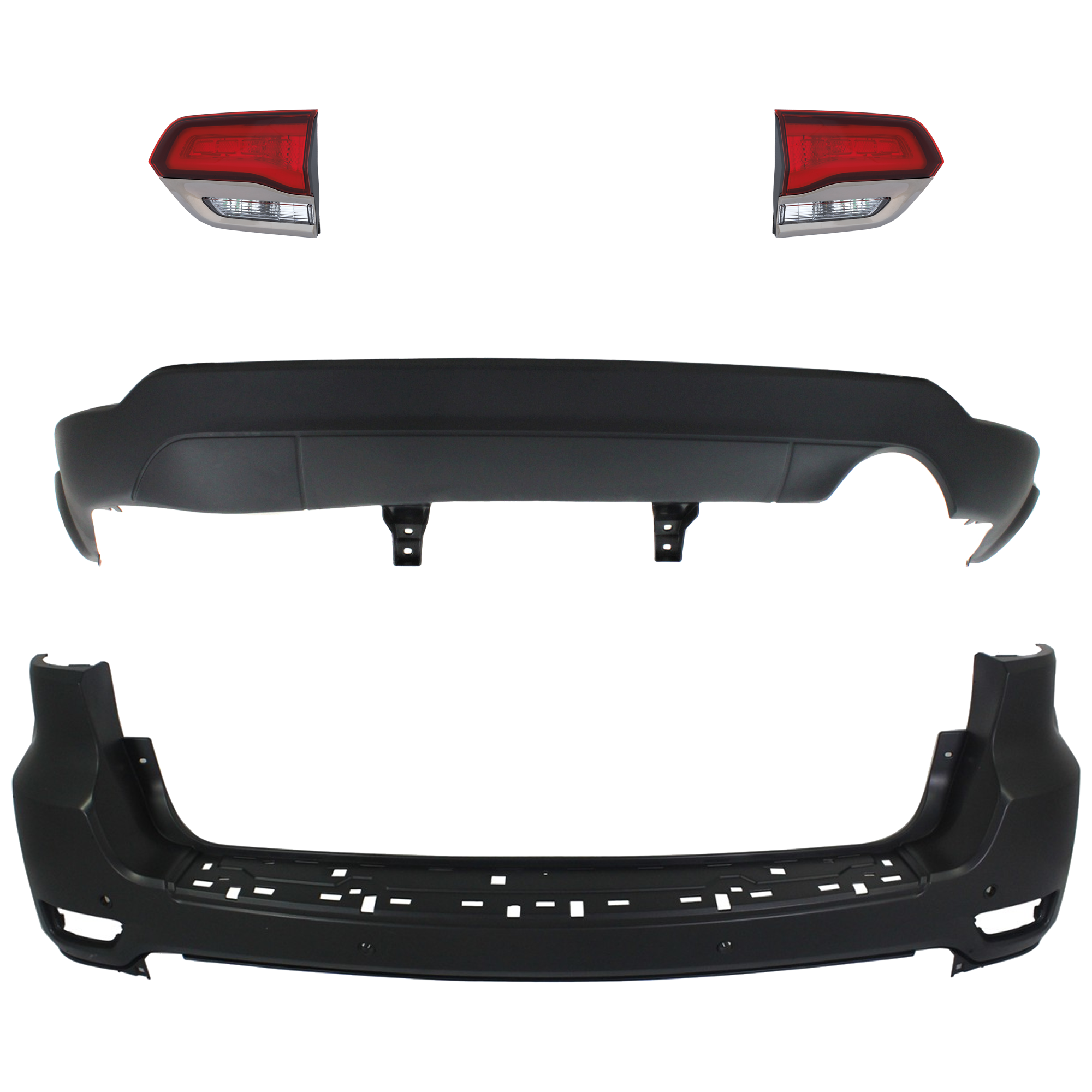 AM GRAND CHEROKEE 14-15 REAR BUMPER COVER Upper and Lower Upper Primed Lower Textured 4 pc kit w Tail Light SKU KIT 092923-90 Partslink CH1100954 CH1195101 CH2802114 CH2803114 OEM 1VQ66TZZAA 68111467AA 68289999