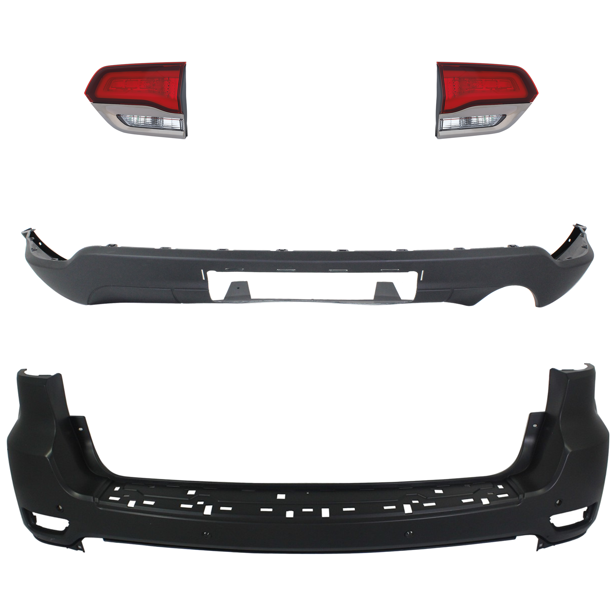 AM GRAND CHEROKEE 14-15 REAR BUMPER COVER Upper and Lower Upper Primed Lower Textured 4 pc kit w Tail Light SKU KIT 092923-91 Partslink CH1100954 CH1195102 CH2802114 CH2803114 OEM 1VQ66TZZAA 68111468AB 68111468