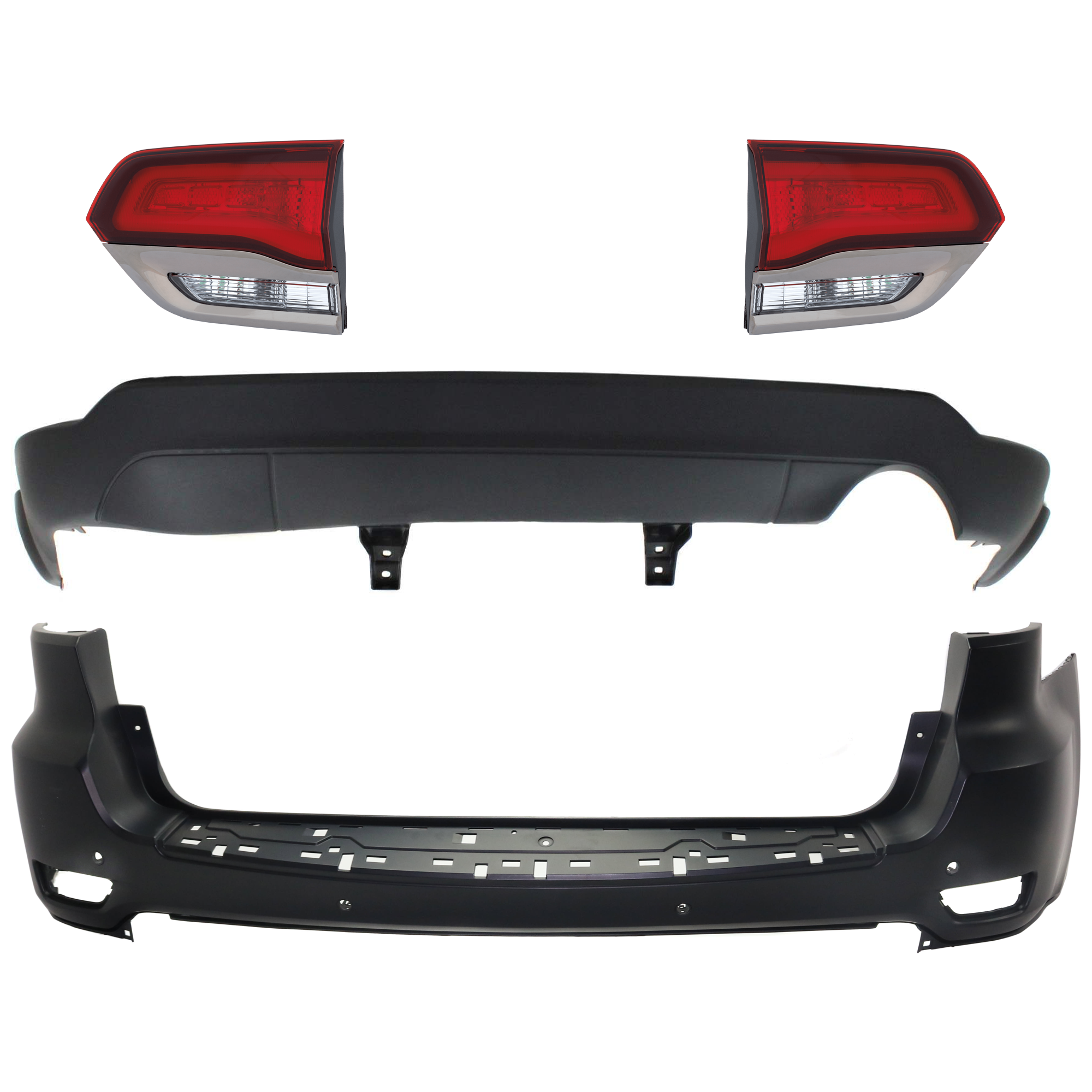 AM GRAND CHEROKEE 14-21 GRAND CHEROKEE WK 22-22 REAR BUMPER COVER Upper and Lower Upper Primed Lower Textured 4 pc kit w Tail Light SKU KIT 092923-92 Partslink CH1100A25 CH1195101 CH2802114 CH2803114 OEM 68111467AA 68310167AA 68289999