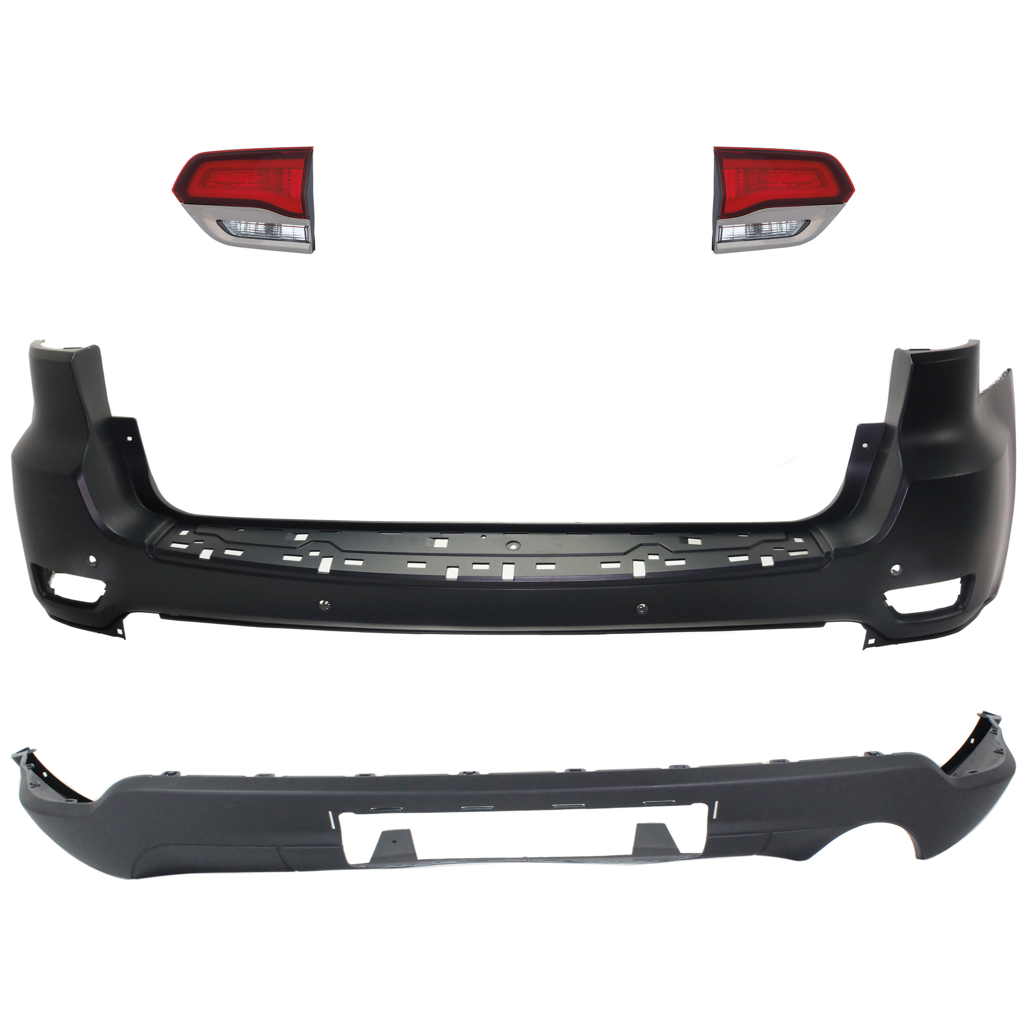 AM GRAND CHEROKEE 14-21 GRAND CHEROKEE WK 22-22 REAR BUMPER COVER Upper and Lower Upper Primed Lower Textured 4 pc kit w Tail Light SKU KIT 092923-93 Partslink CH1100A25 CH1195102 CH2802114 CH2803114 OEM 68111468AB 68111468AA 68310167