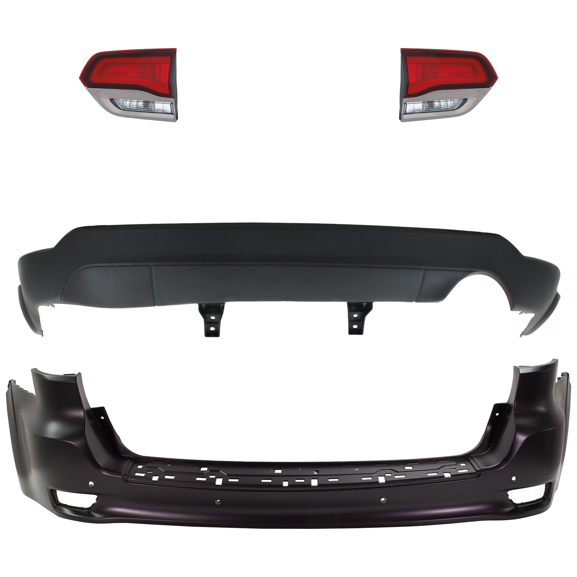 AM GRAND CHEROKEE 14-21 GRAND CHEROKEE WK 22-22 REAR BUMPER COVER Upper and Lower Upper Primed Lower Textured 4 pc kit w Tail Light SKU KIT 092923-94 Partslink CH1100A41 CH1195101 CH2802114 CH2803114 OEM 68111467AA 68310063AB 68289999