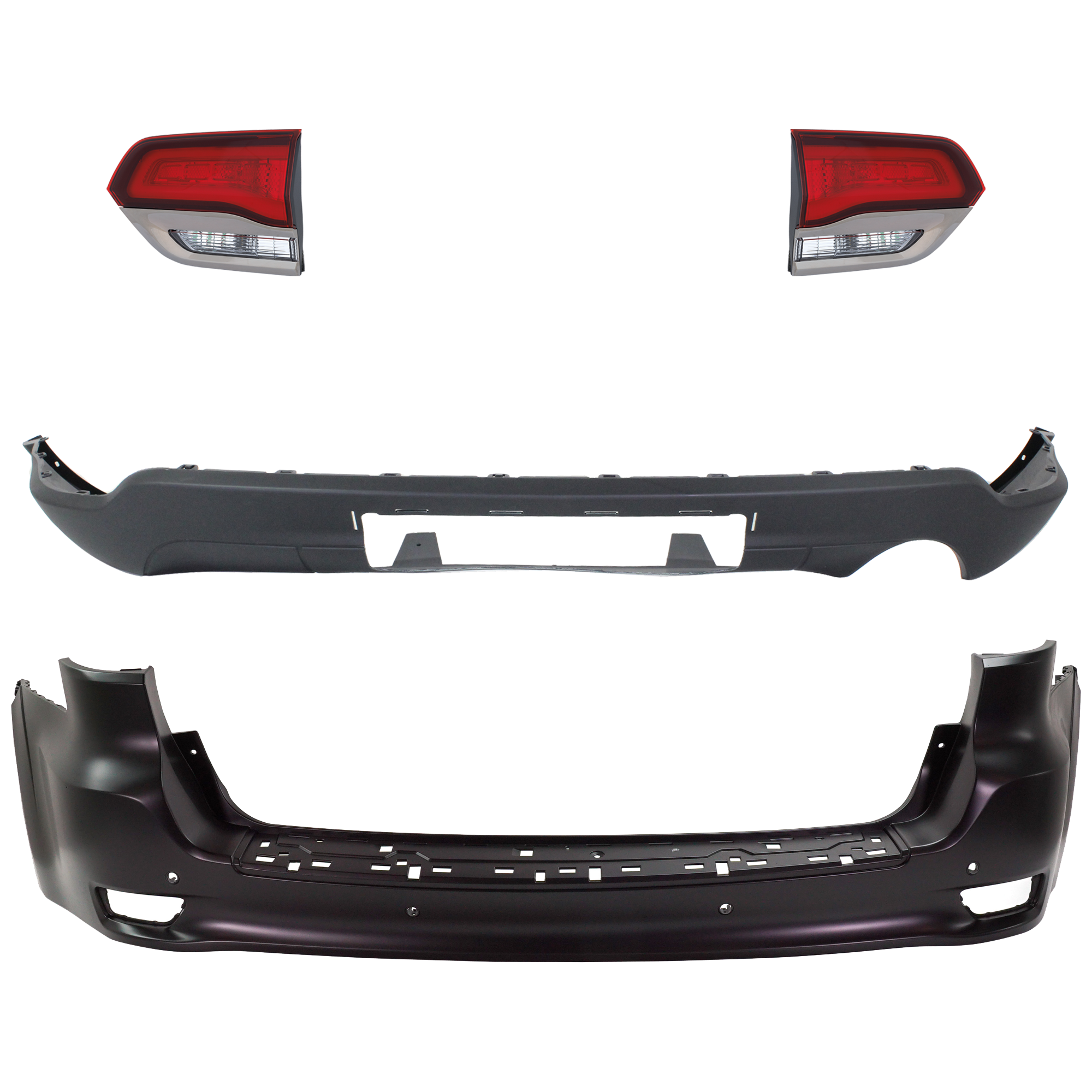 AM GRAND CHEROKEE 14-21 GRAND CHEROKEE WK 22-22 REAR BUMPER COVER Upper and Lower Upper Primed Lower Textured 4 pc kit w Tail Light SKU KIT 092923-95 Partslink CH1100A41 CH1195102 CH2802114 CH2803114 OEM 68111468AB 68111468AA 68310063