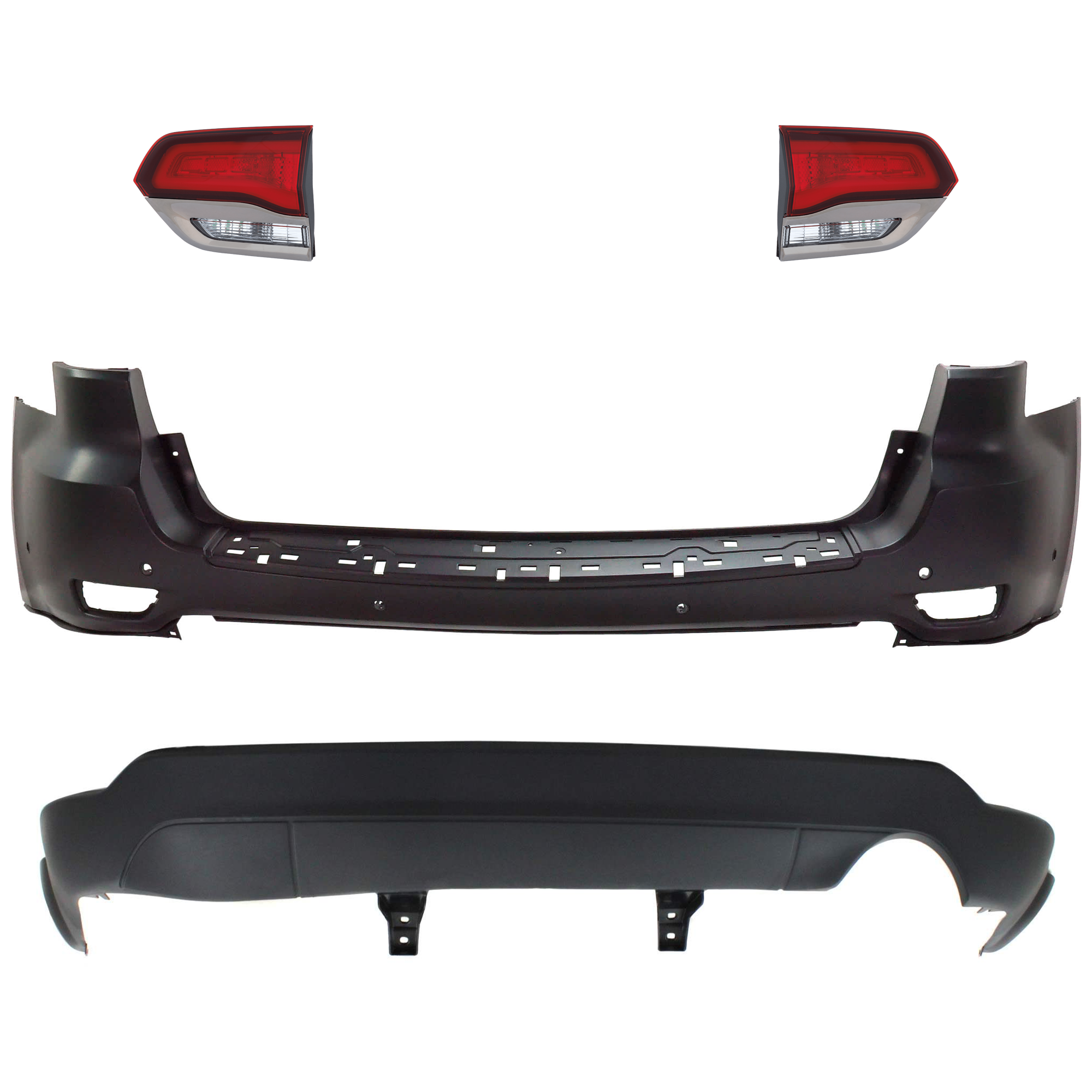AM GRAND CHEROKEE 14-21 GRAND CHEROKEE WK 22-22 REAR BUMPER COVER Upper and Lower Upper Primed Lower Textured 4 pc kit w Tail Light SKU KIT 092923-96 Partslink CH1114107 CH1195101 CH2802114 CH2803114 OEM 68111467AA 68336592AA 68289999