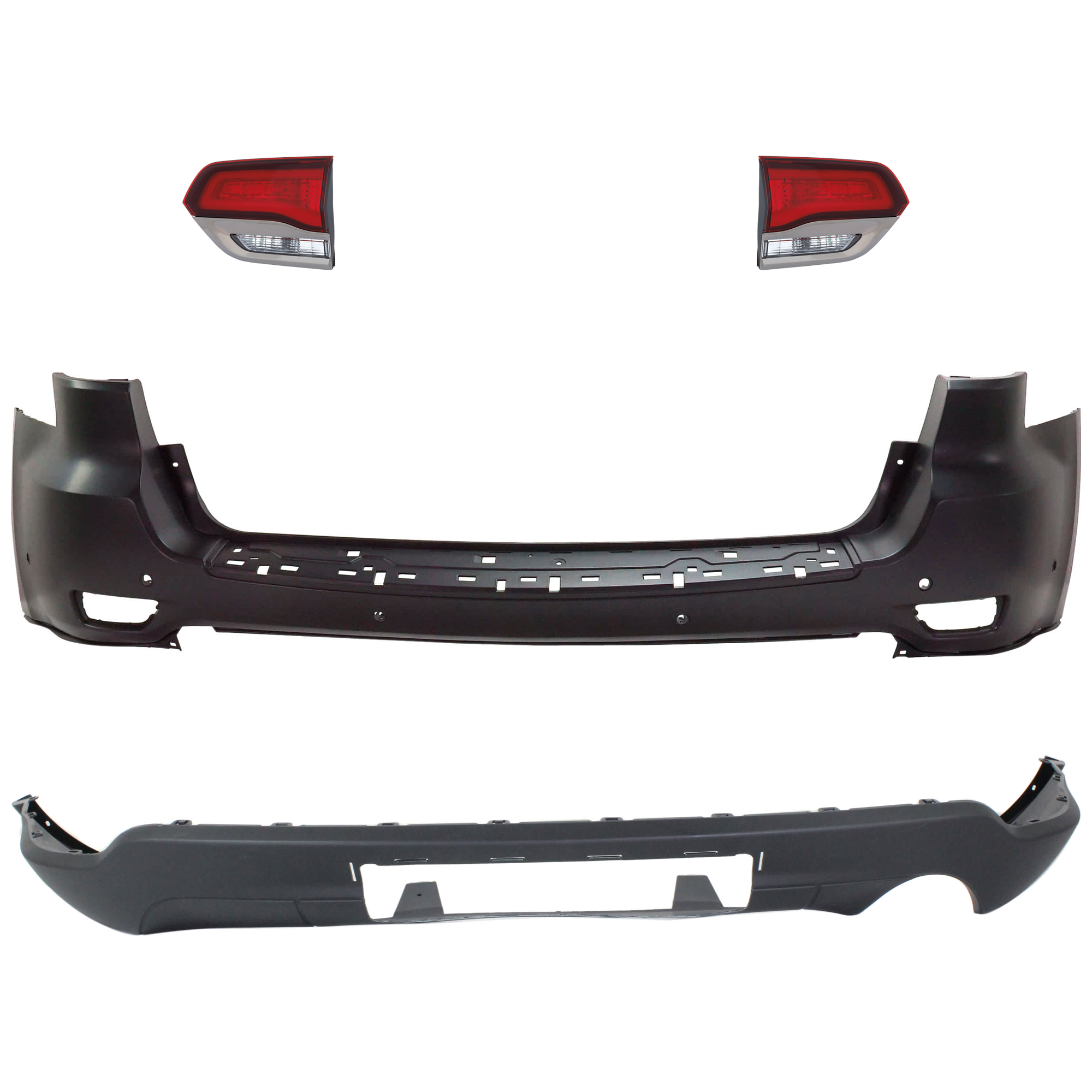 AM GRAND CHEROKEE 14-21 GRAND CHEROKEE WK 22-22 REAR BUMPER COVER Upper and Lower Upper Primed Lower Textured 4 pc kit w Tail Light SKU KIT 092923-97 Partslink CH1114107 CH1195102 CH2802114 CH2803114 OEM 68111468AB 68111468AA 68336592