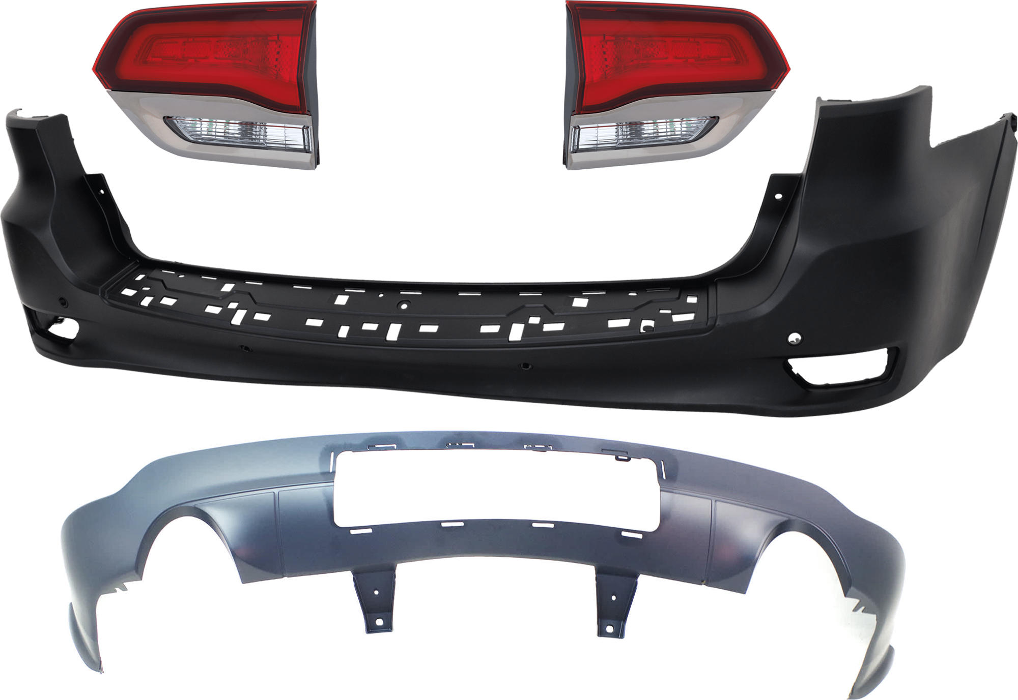 AM GRAND CHEROKEE 14-21 GRAND CHEROKEE WK 22-22 REAR BUMPER COVER Upper and Lower Primed 4 pc kit w Tail Light SKU KIT 092923-98 Partslink CH1100998 CH1115108 CH2802114 CH2803114 OEM 1VQ68TZZAB 68214648AC 68289999