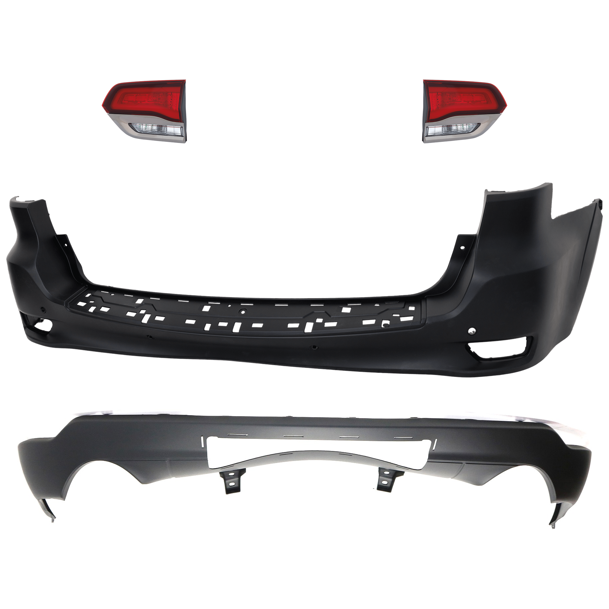AM GRAND CHEROKEE 14-21 GRAND CHEROKEE WK 22-22 REAR BUMPER COVER Upper and Lower Upper Primed Lower Textured 4 pc kit w Tail Light SKU KIT 092923-99 Partslink CH1100998 CH1195104 CH2802114 CH2803114 OEM 68111470AB 68214648AC 68289999