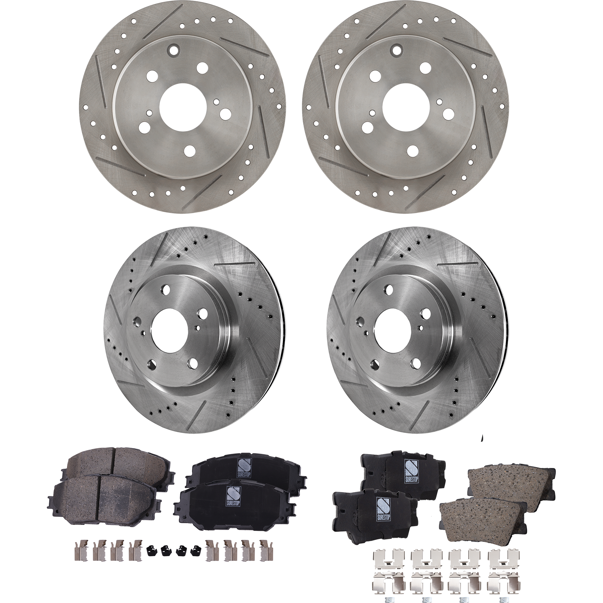 AM RAV4-09-18 FRONT AND REAR BRAKE DISC AND PAD KIT 8 pc kit Cross drilled and Slotted SKU KIT 093022-04 OEM 31443-44657-60407-0833294