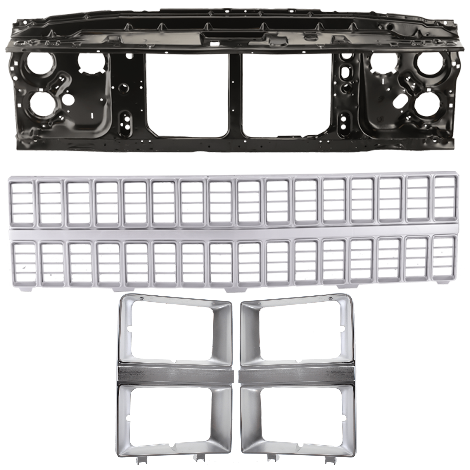 AM CHEVROLET C K FULL SIZE PICKUP 81-82 RADIATOR SUPPORT 4 pc Kit includes Grille Assembly and Headlight Door SKU KIT 100125-21 Partslink GM1225108 GM1200120 GM2513106 GM2512106 OEM 15606586-14021295-14021354-140