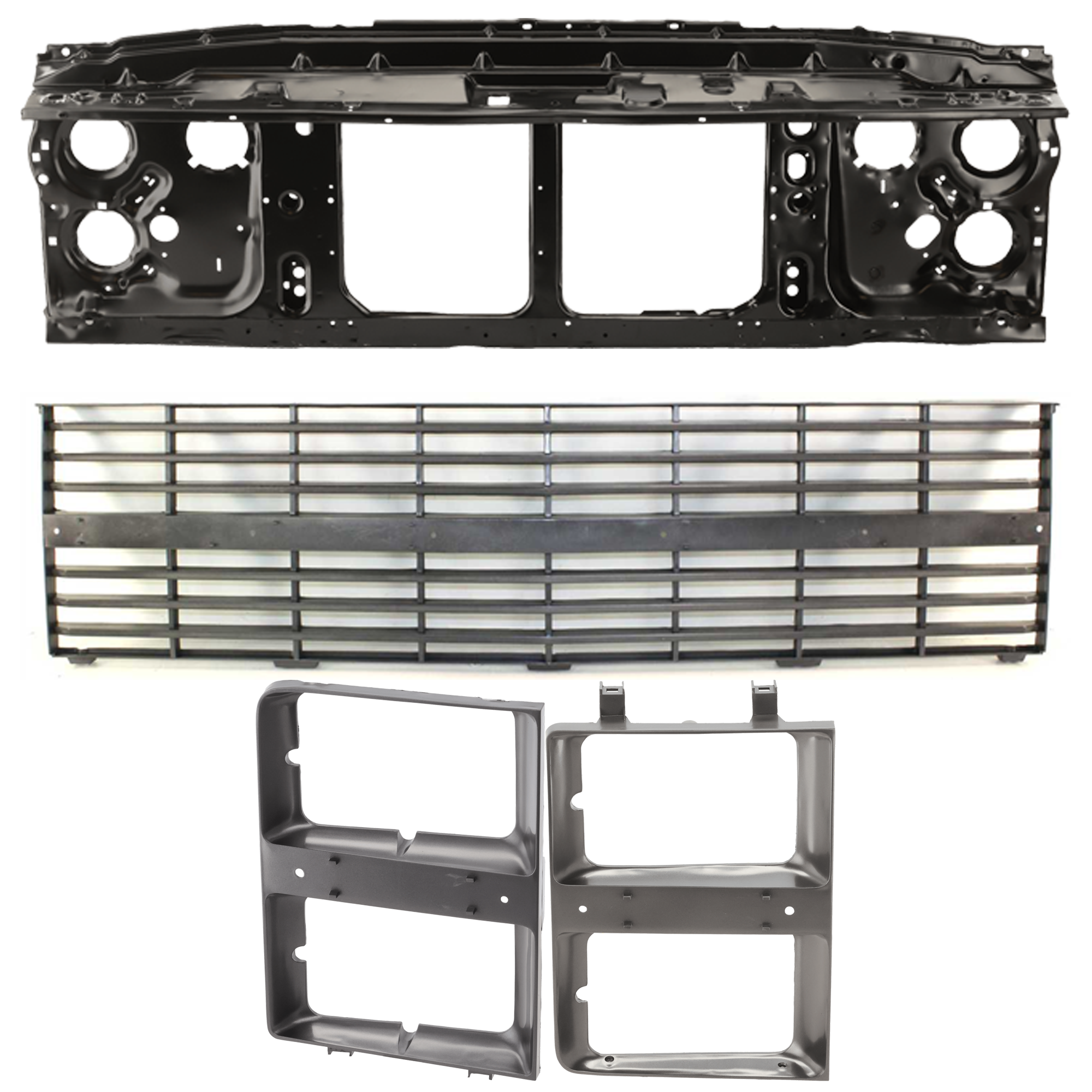 AM CHEVROLET C K FULL SIZE PICKUP 83-84 RADIATOR SUPPORT 4 pc Kit includes Grille Assembly and Headlight Door SKU KIT 100125-22 Partslink GM1225108 GM1200125 GM2512109 GM2513109 OEM 15606586-14043881-14043887-140