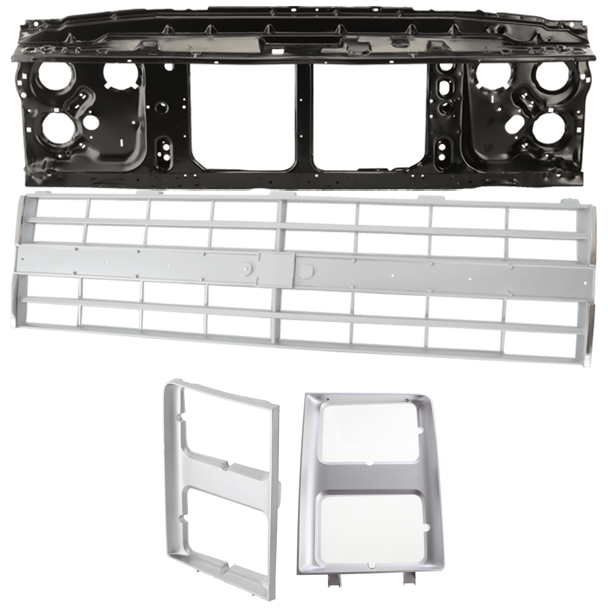 AM BLAZER 87-88 RADIATOR SUPPORT 4 pc Kit w Grille Molding Holes includes Grille Assembly and Headlight Door SKU KIT 100125-23 Partslink GM1225108 GM1200140 GM2512126 GM2513126 OEM 15606586-15554911-15598727-155