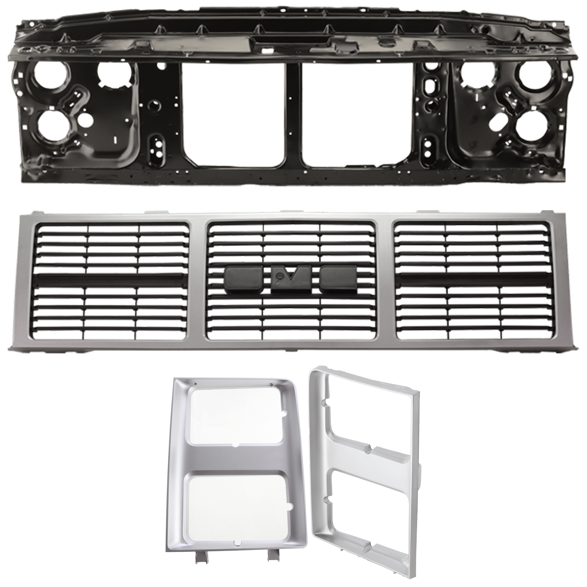 AM GMC C K FULL SIZE PICKUP 85-86 JIMMY 85-88 RADIATOR SUPPORT 4 pc Kit includes Grille Assembly and Headlight Door SKU KIT 100125-25 Partslink GM1225108 GM1200401 GM2512126 GM2513126 OEM 15606586-15554913-15598727-155