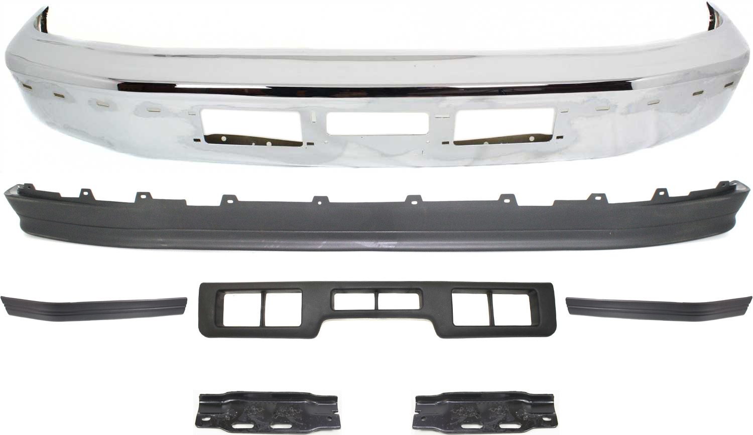 AM BRONCO F SERIES 92-96 FRONT BUMPER 7 pc Kit with Bumper Brackets Bumper Trims and Valance SKU KIT 100217-07 Partslink FO1002254 FO1066108 FO1067108 FO1058271 FO1059271 FO1057272 FO1095154 OEM F3TZ17757AB F2TZ17752B F2TZ177