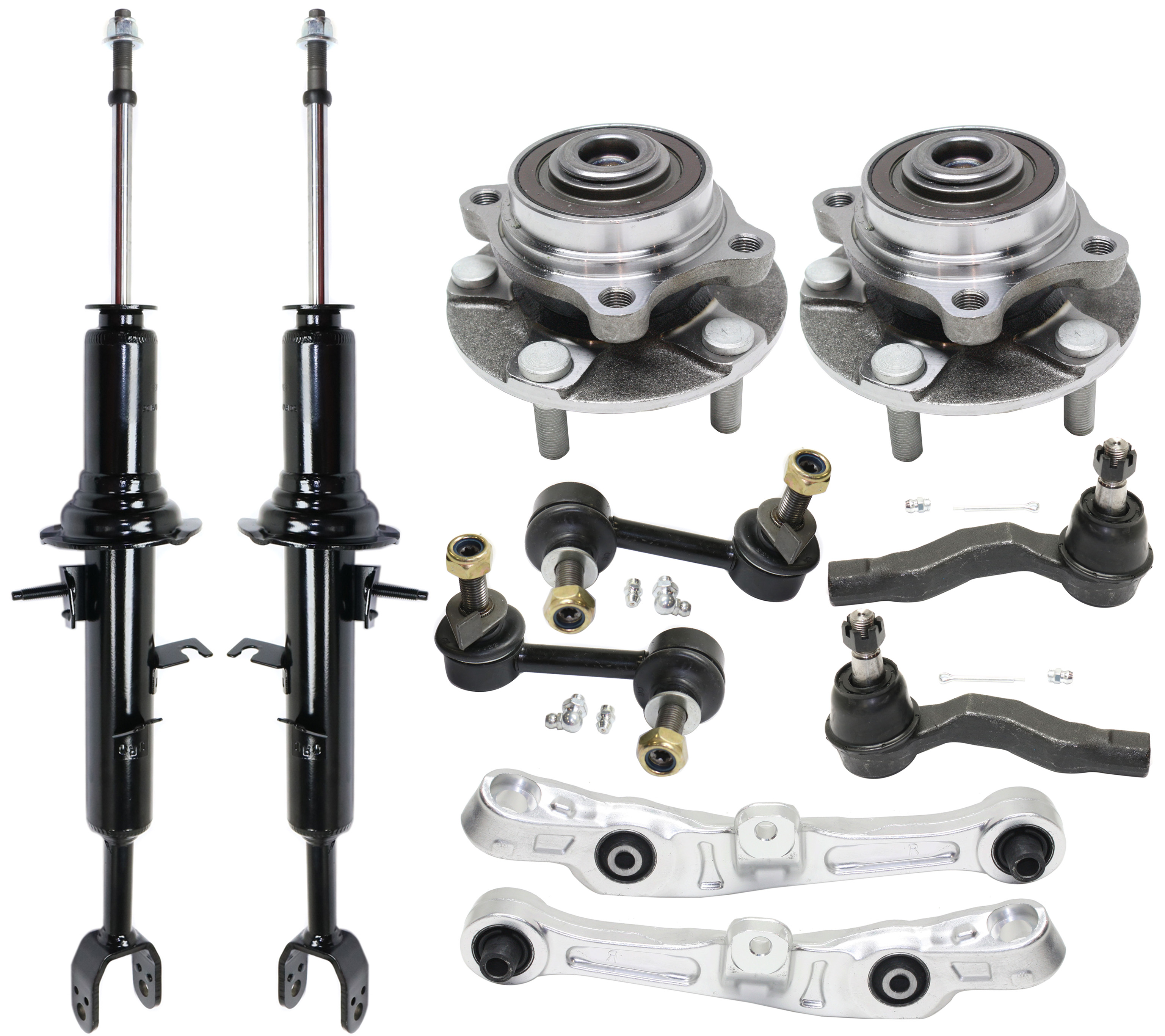 AM 350Z G35-03-04 FRONT CONTROL ARM KIT RH AND LH Lower Frontward 10 pc kit with Shock Absorber and Strut Assembly Sway Bar Links Tie Rod Ends and Wheel Hubs SKU KIT 100317-03 OEM 54501AM601-54500AM601-56110CD7