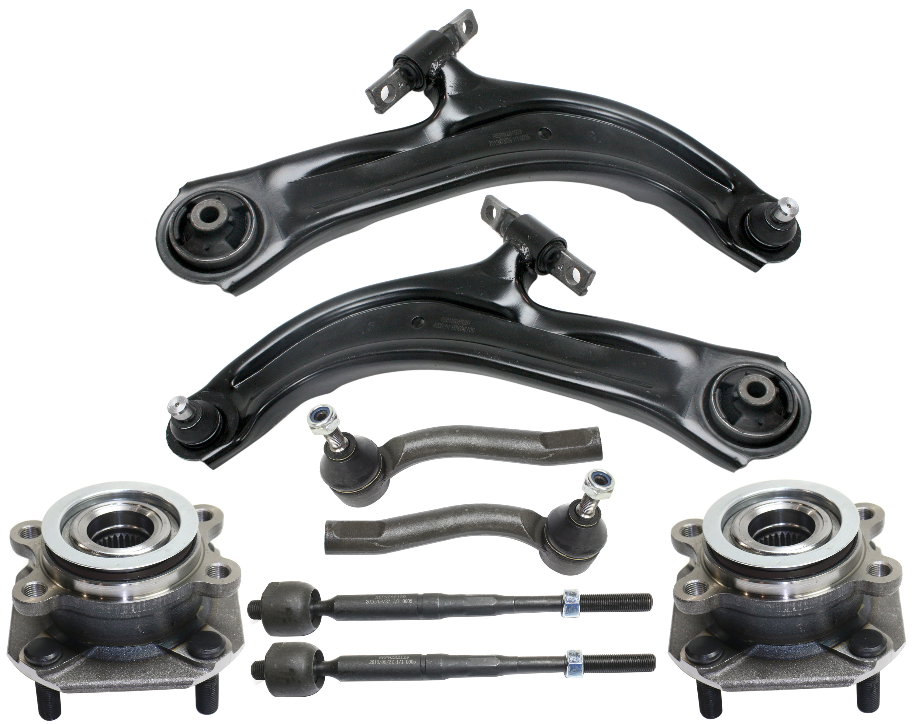 AM SENTRA 07-12 FRONT CONTROL ARM KIT RH AND LH Lower 8 pc kit with Tie Rod Ends and Wheel Hubs SKU KIT 100417-03 Partslink NI4522100 OEM 54501ET000-54500ET000-48521ET0