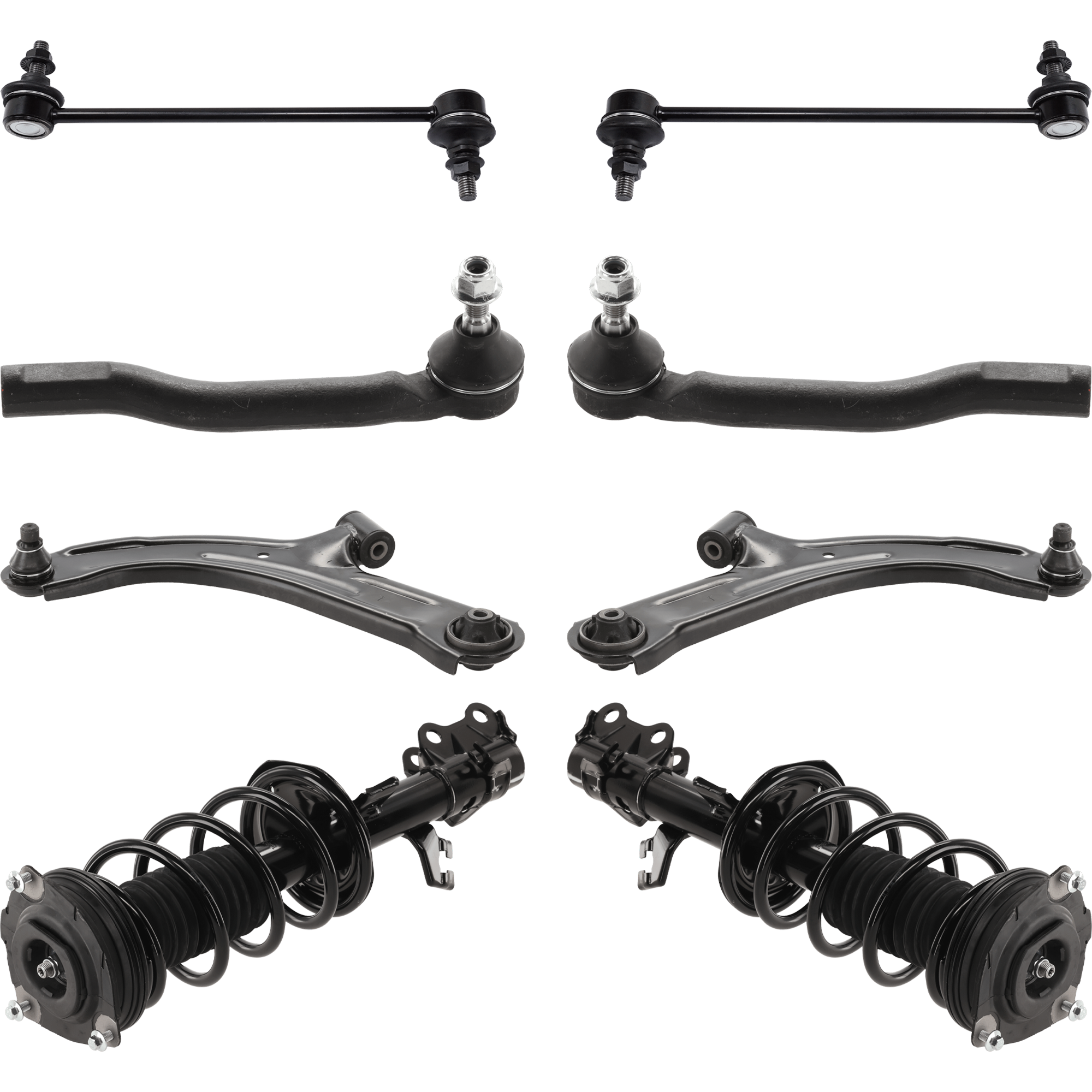 AM VERSA 07-12 CUBE 09-14 FRONT CONTROL ARM KIT RH AND LH Lower 8 pc kit with Shock Absorber and Strut Assembly Sway Bar Links and Tie Rod Ends SKU KIT 100417-26 Partslink NI4520103 NI4521103 OEM 545011FU0A 545011FU0B 54501EW0