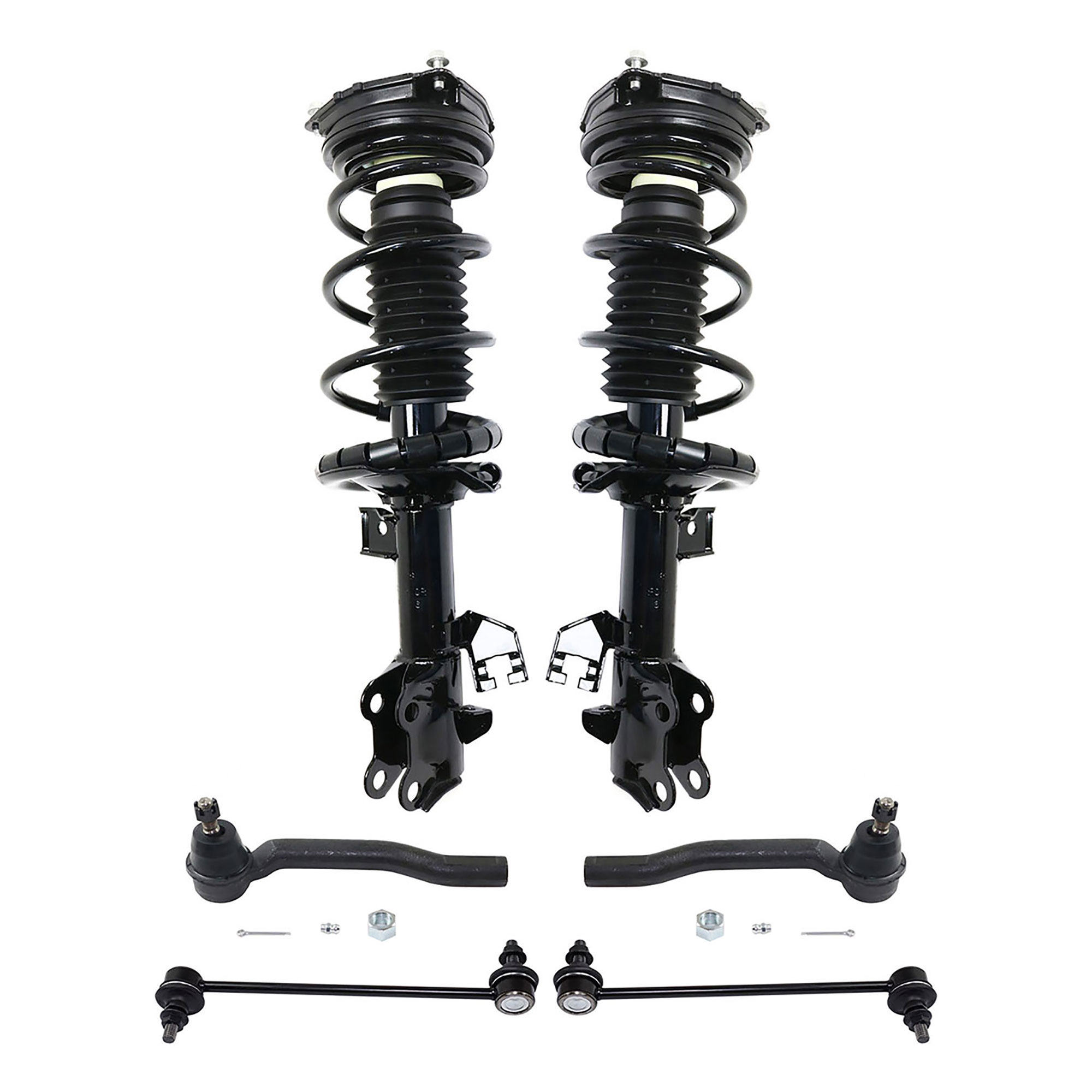 AM VERSA 07-12 CUBE 09-14 FRONT SUSPENSION KIT RH AND LH 6 pc kit with Loaded Struts Sway Bar Links and Tie Rod Ends SKU KIT 100417-36 Partslink NI4520103 NI4521103 OEM E4302EM30C E4302ZN90D E4303EM3