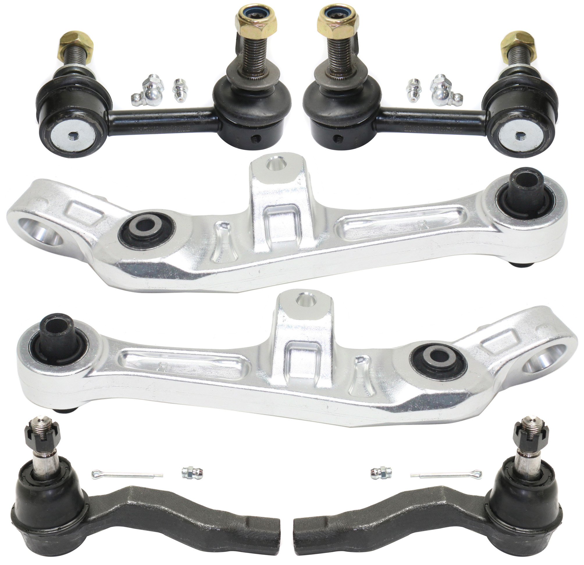 AM 350Z G35-03-04 FRONT CONTROL ARM KIT RH AND LH Lower Frontward w o ball joint s 6 pc Kit with Sway Bar Link and Tie Rod End SKU KIT 100417-67 OEM 54501AM601-54500AM601-1015920