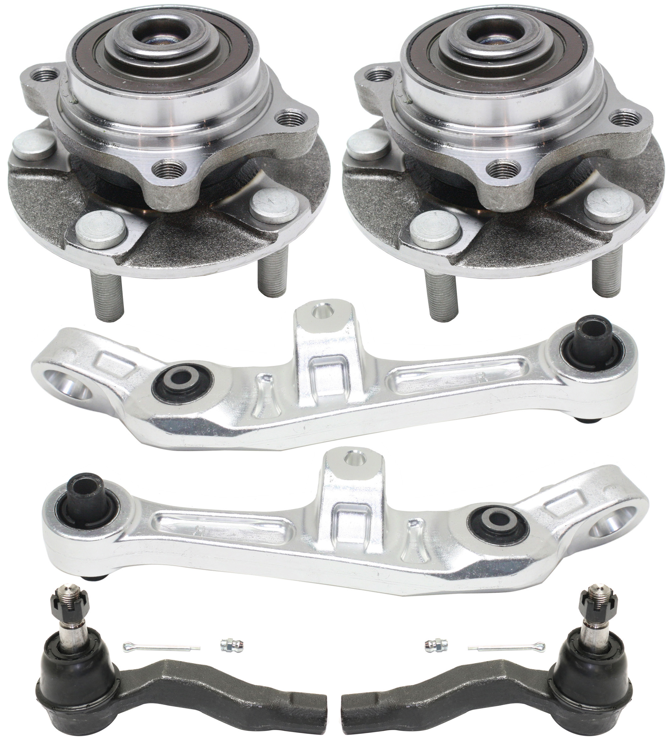 AM 350Z G35-03-04 FRONT CONTROL ARM KIT RH AND LH Lower Frontward w o ball joint s 6 pc Kit with Wheel Hub Tie Rod End SKU KIT 100417-68 OEM 54501AM601-54500AM601-1015996