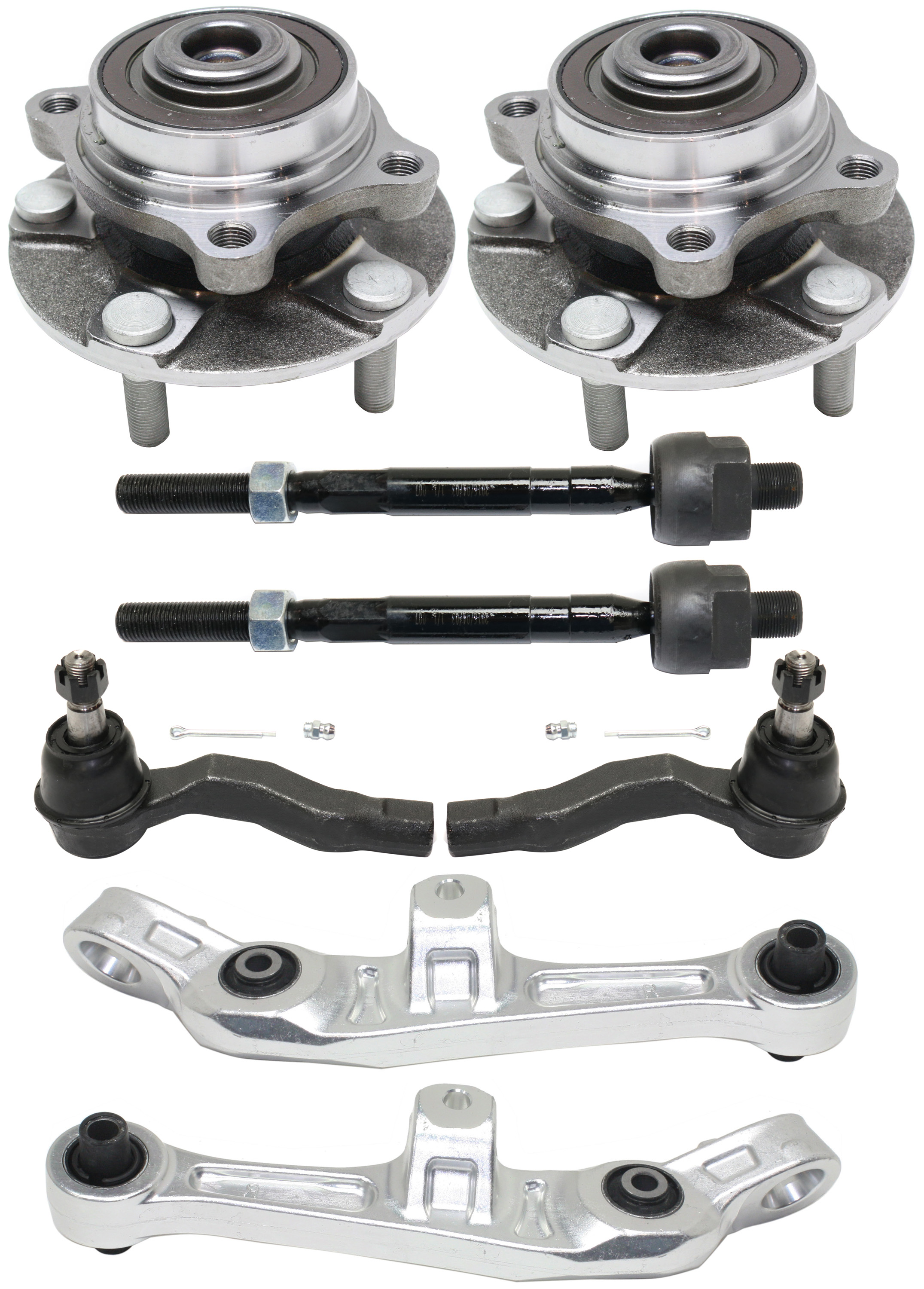 AM 350Z G35-03-04 FRONT CONTROL ARM KIT RH AND LH Lower Frontward w o ball joint s 8 pc Kit with Wheel Hub Tie Rod End SKU KIT 100417-69 OEM 54501AM601-54500AM601-1016041