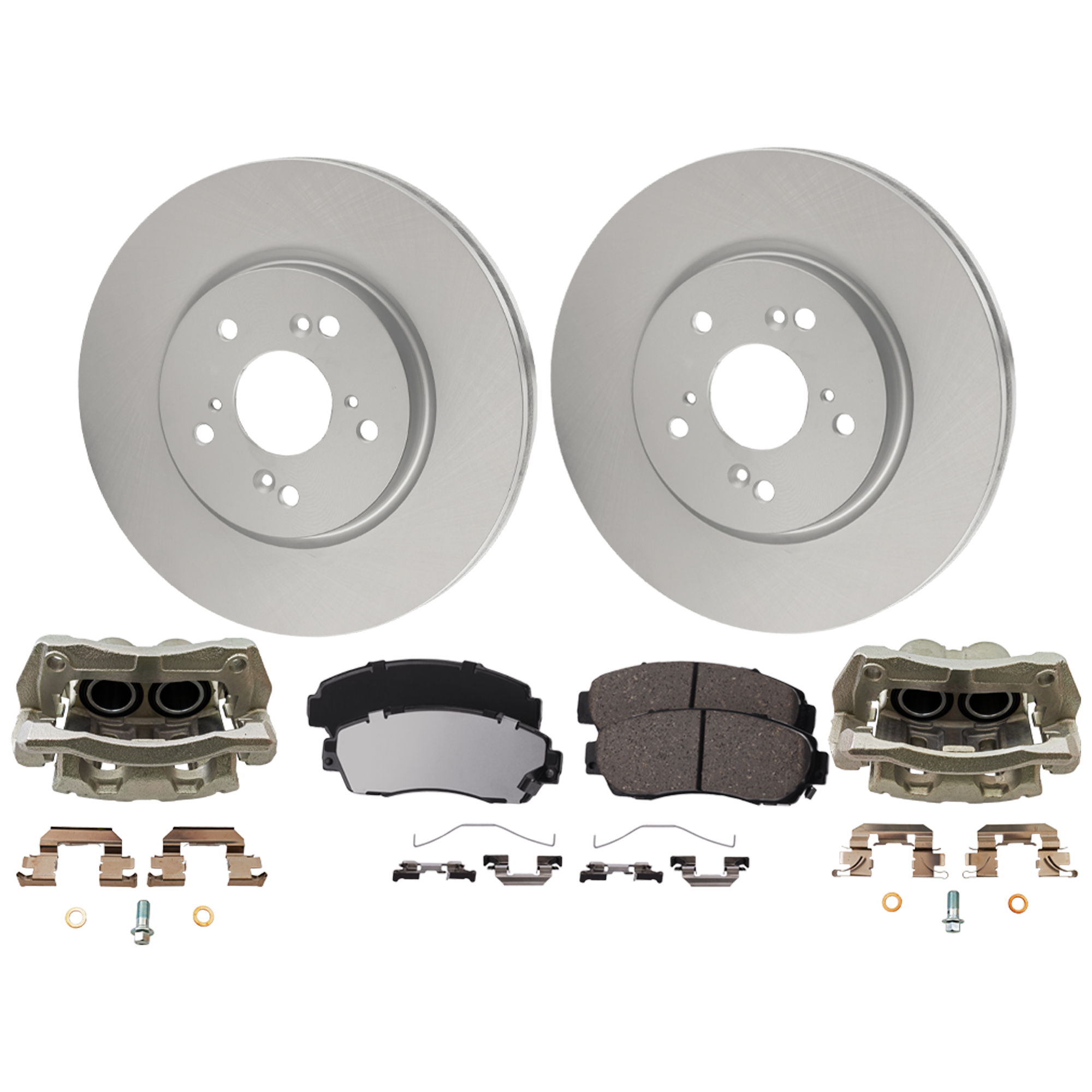 AM ACCORD CROSSTOUR 11-11 CR V 12-16 FRONT BRAKE KIT WITH CALIPERS 2 Wheel Set Includes 2 Brake Caliper 2 Brake Disc and 1 Brake Pad Set Plain Surface 5 Lugs Cast Iron Ceramic SKU KIT 100725 AE03 OEM 45251STKA00 PFM 26296AL03A 450