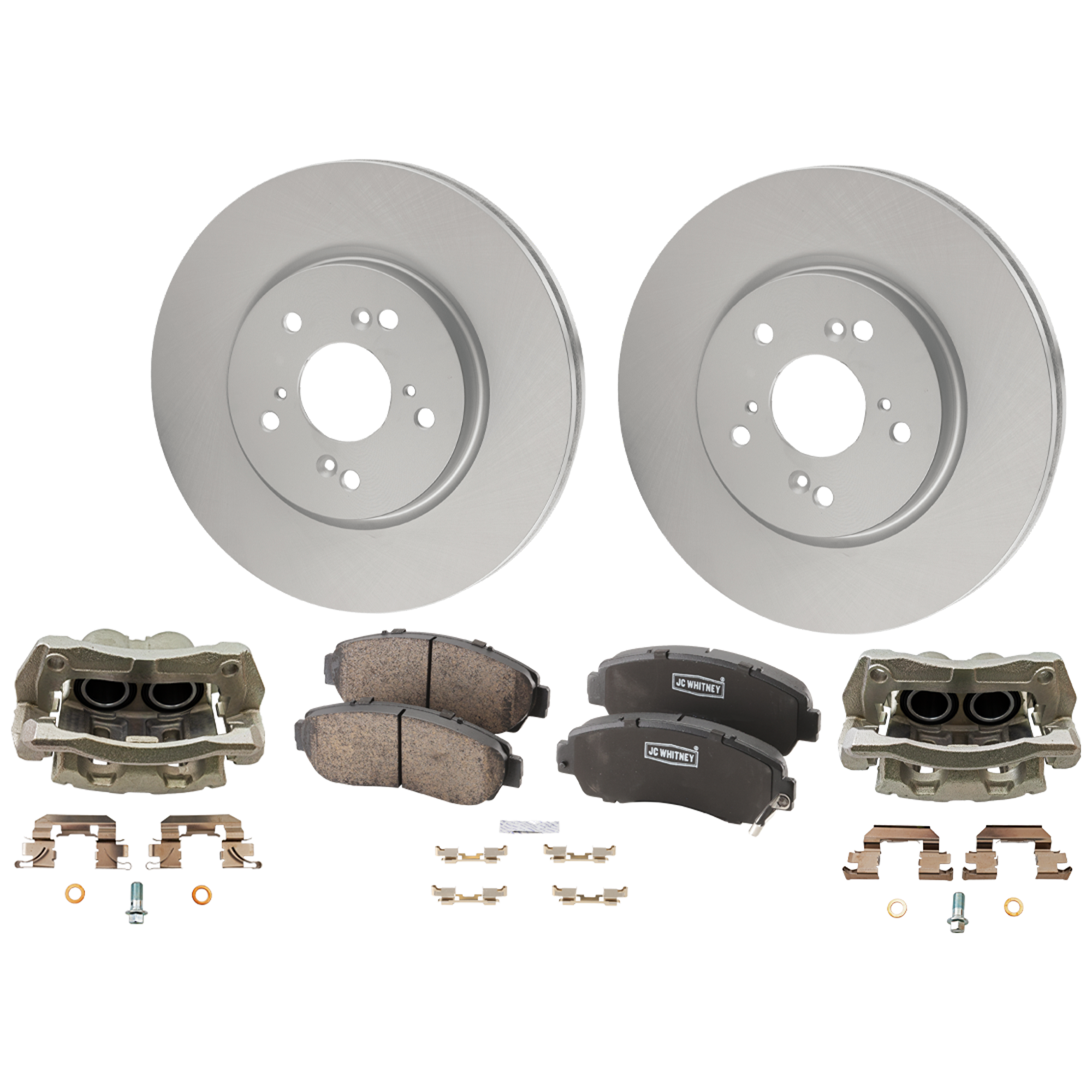 AM CR V 07-11 RDX 07-12 FRONT BRAKE KIT WITH CALIPERS 2 Wheel Set Includes 2 Brake Caliper 2 Brake Disc and 1 Brake Pad Set Plain Surface 5 Lugs Cast Iron Ceramic SKU KIT 100725 AE30 OEM 45251STKA00 PFM 3501115XKZ16A