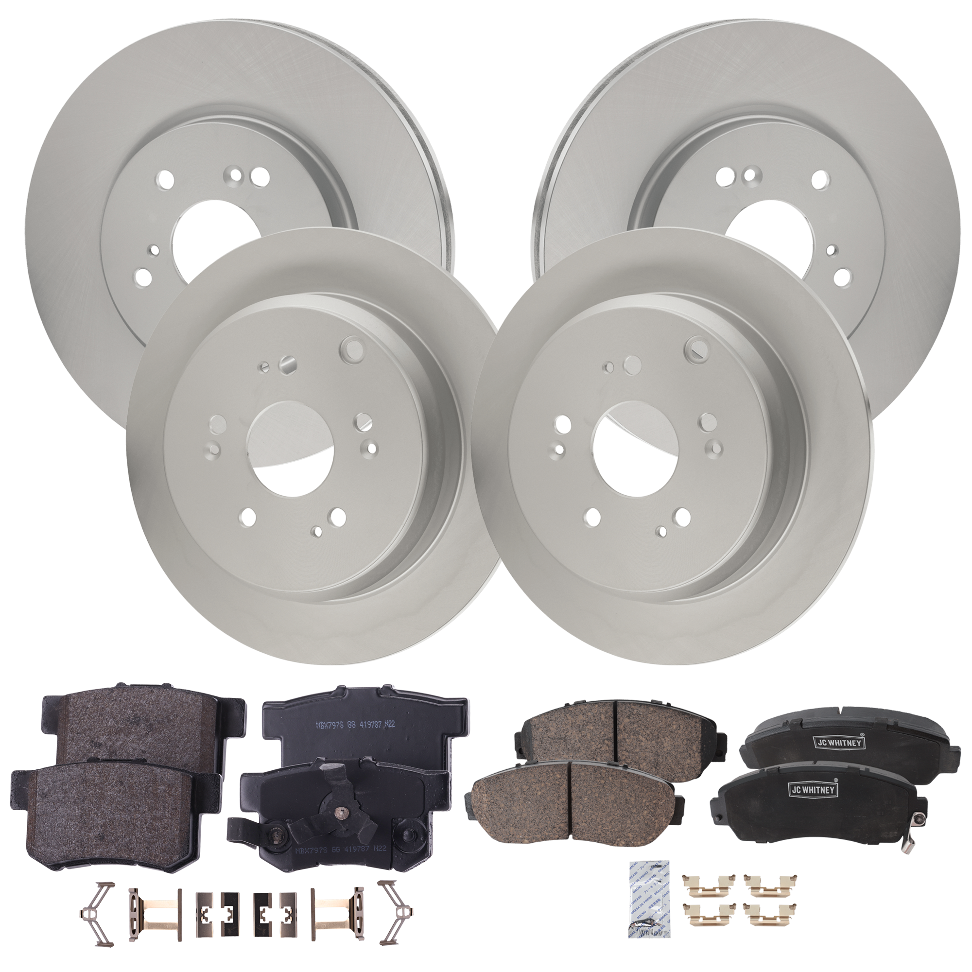AM CR V 07-11 RDX 10-12 FRONT AND REAR BRAKE DISC AND PAD KIT 8 pc kit SKU KIT 100725 AE36 OEM 45251STKA00 PFM 42510S9AE50 PF