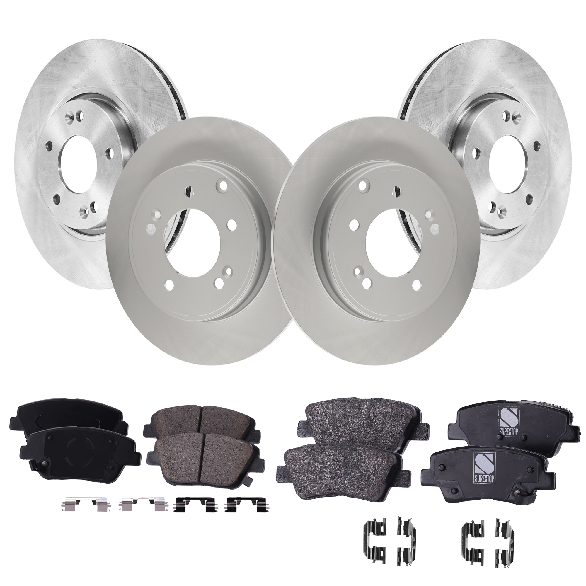 AM OPTIMA 11-16 SONATA 11-15 FRONT AND REAR BRAKE DISC AND PAD KIT 8 pc kit Plain Surface SKU KIT 100725 AE56 OEM 584110A100 PFM 517123K100-5810