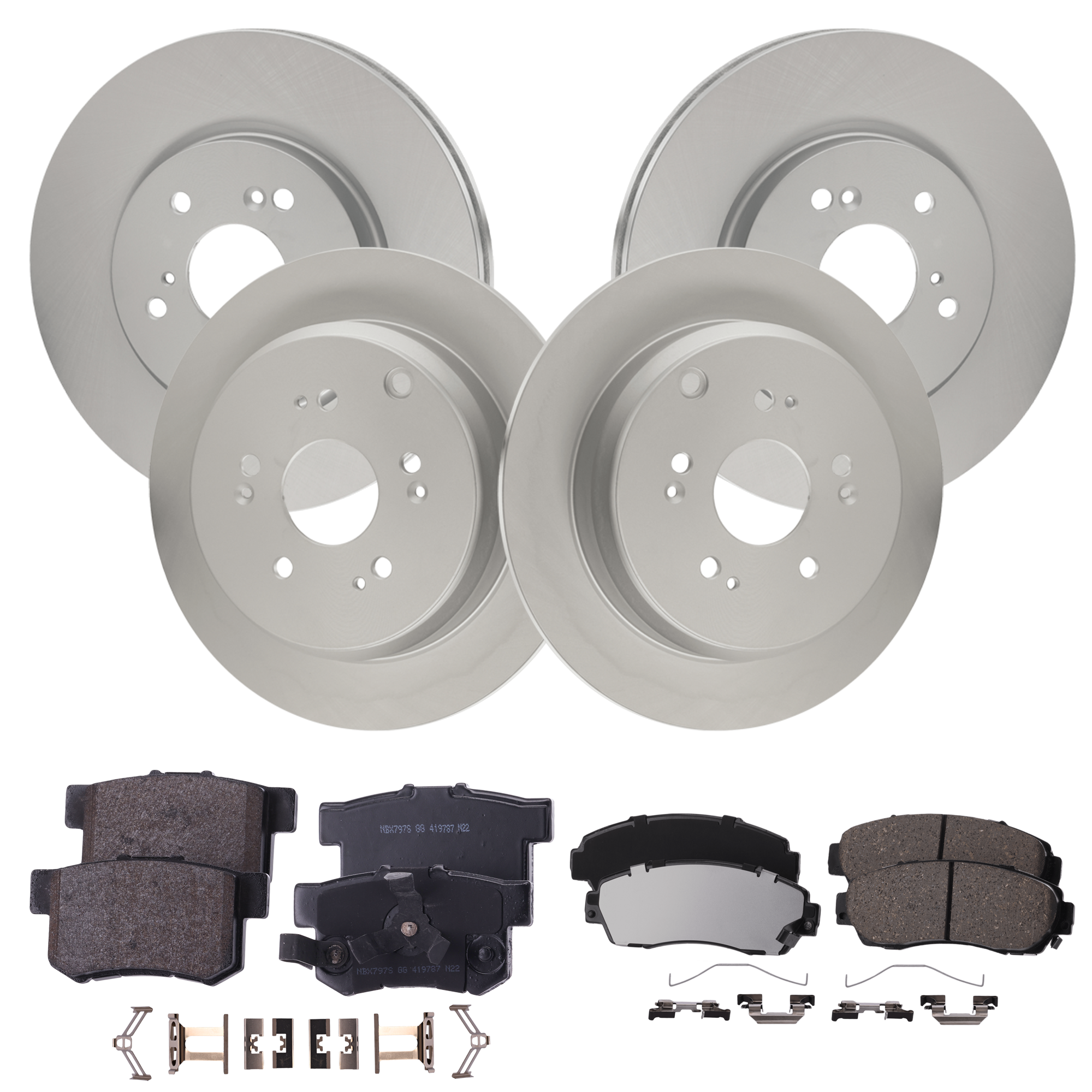 AM CR V 07-16 RDX 10-12 FRONT AND REAR BRAKE DISC AND PAD KIT 4 Wheel Set Plain Surface 5 Lugs SKU KIT 100725 AE82 OEM 45251STKA00 PFM 42510S9AE50 PF