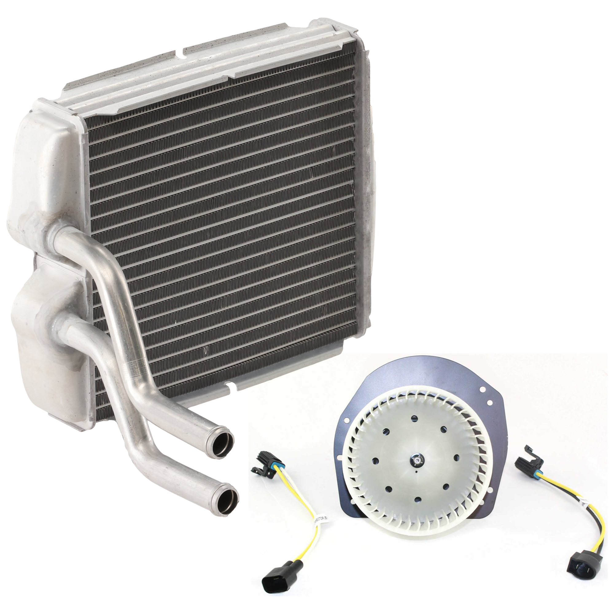 AM F 150-80-86 F 250-80-86 HEATER CORE AND BLOWER MOTOR KIT 2 pc Kit Aluminum 7.5 x 7.25 x 1.25 in. Core Size with Heater Core and Blower Motor SKU KIT 101024-19 Partslink FO3126106 OEM E0TH18476C H2MZ18476E 1W7Z1980