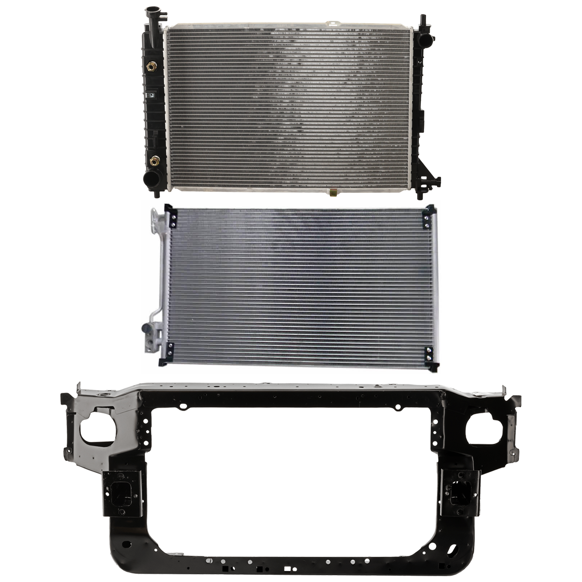 AM MUSTANG 99-04 RADIATOR SUPPORT 3 pc Kit Assembly 6 Cyl. 3.8L Eng. includes Radiator and A C Condenser SKU KIT 101025-22 Partslink FO1225157 FO3030117 FO3010115 OEM 3R3Z16138BA 3R3Z19712AA 1R3Z80