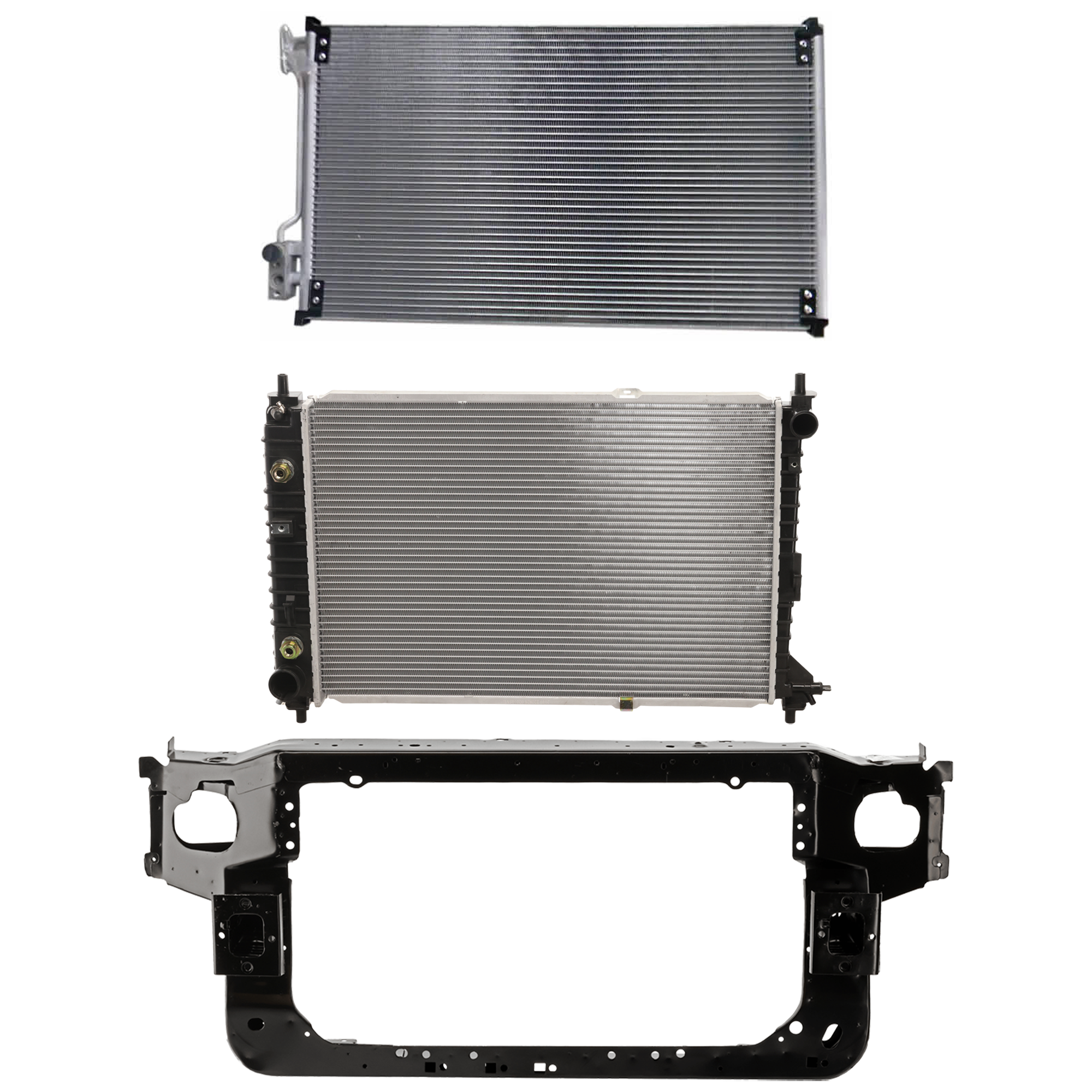 AM MUSTANG 99-04 RADIATOR SUPPORT 3 pc Kit Assembly 8 Cyl. 4.6L Eng. includes Radiator and A C Condenser SKU KIT 101025-23 Partslink FO1225157 FO3030117 FO3010263 OEM 3R3Z16138BA 3R3Z19712AA 1R3Z80