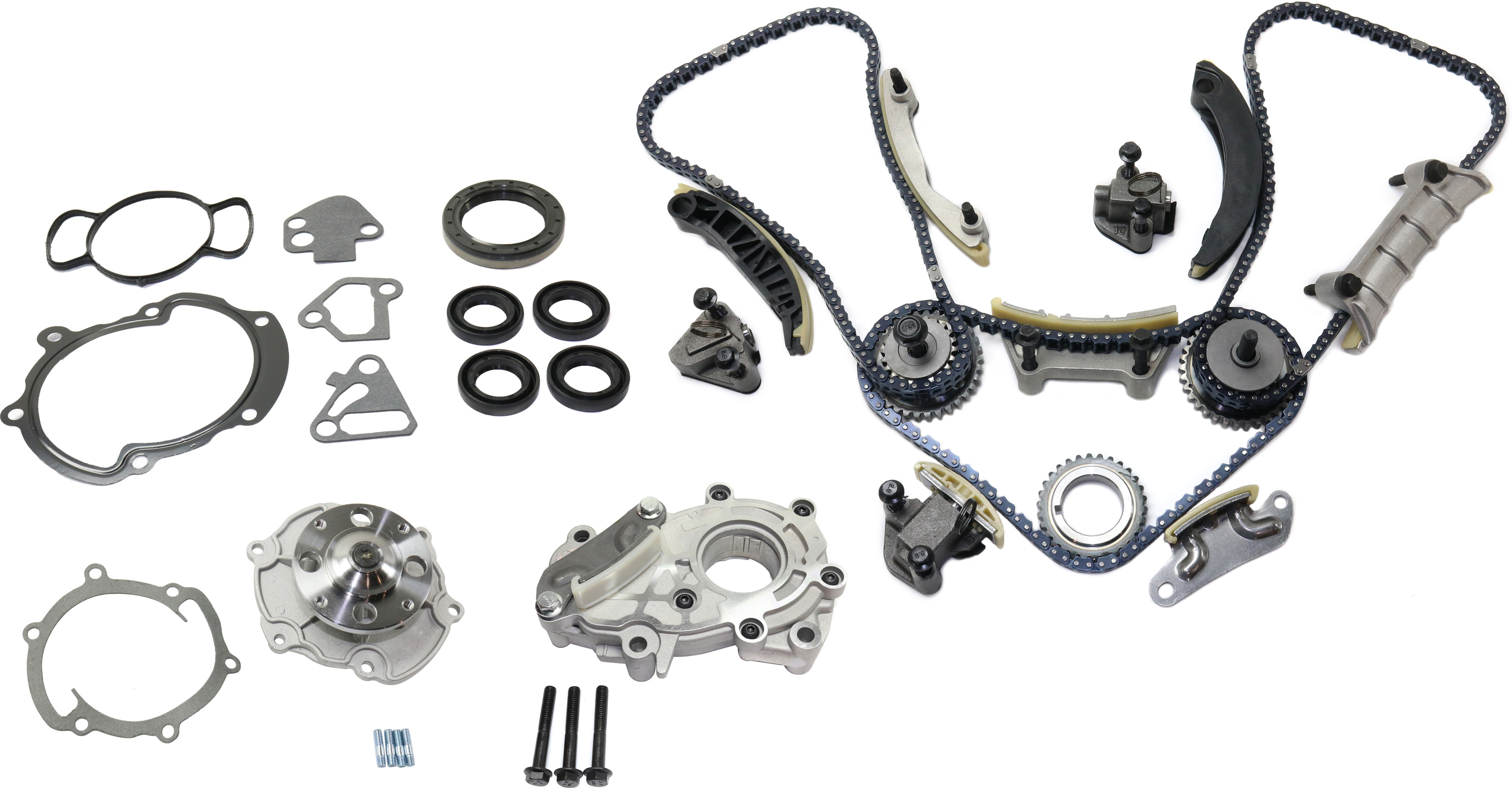 AM SAAB 9-3-06-09 LACROSSE 07-16 XTS 13-19 FRONT TIMING CHAIN KIT 4 pc kit with Oil Pump Timing Cover Gasket and Water Pump SKU KIT 101217-23 OEM 90753S 67828-151024401 JV5178